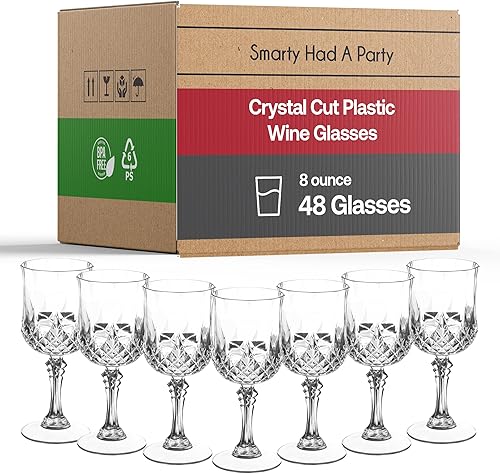 Smarty Had A Party Copas de vino de plástico transparente de 8 onzas con tallo (48), copas desechables irrompibles "irrompibles", copas de agua,