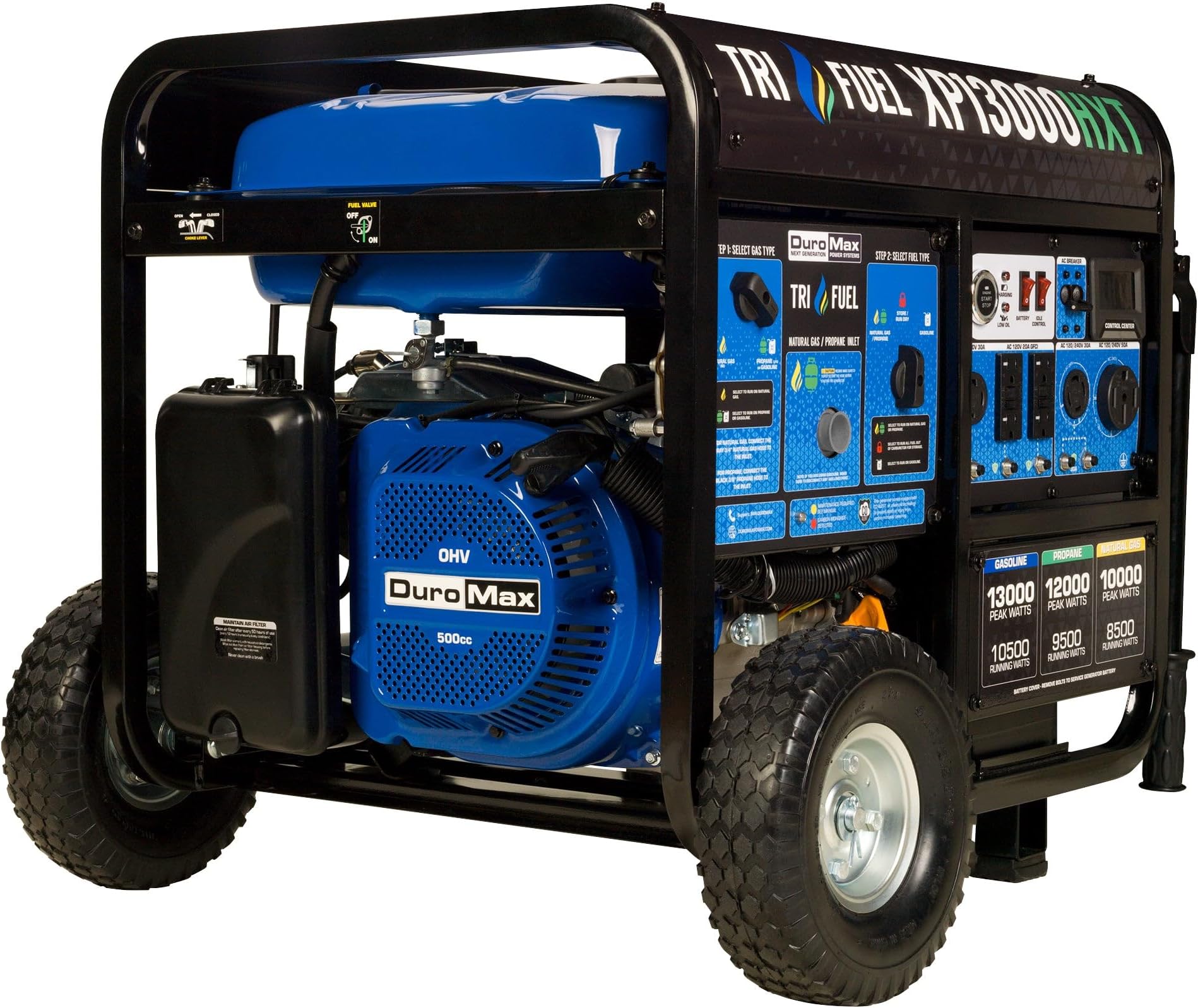 - DuroMax XP13000HXT 13,000-Watt 500cc Tri Fuel Gas Propane Natural Gas Portable Generator with CO Alert, Black/Blue