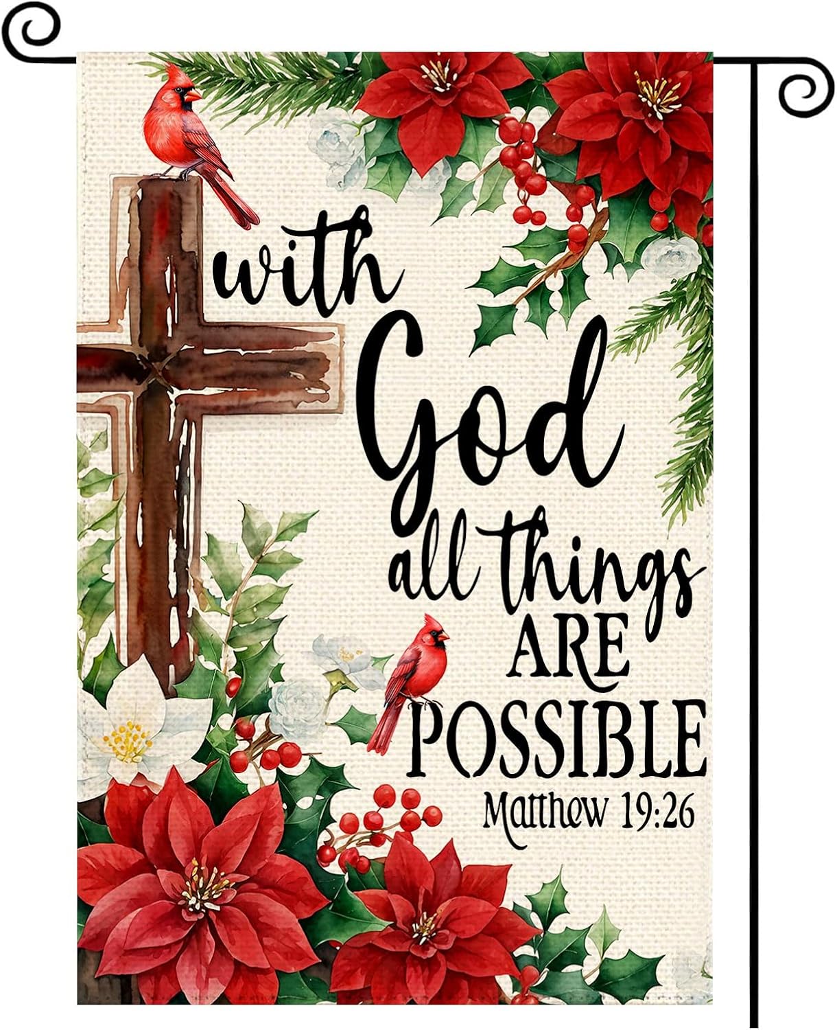 Christmas Poinsettia Garden Flag with God All Things are