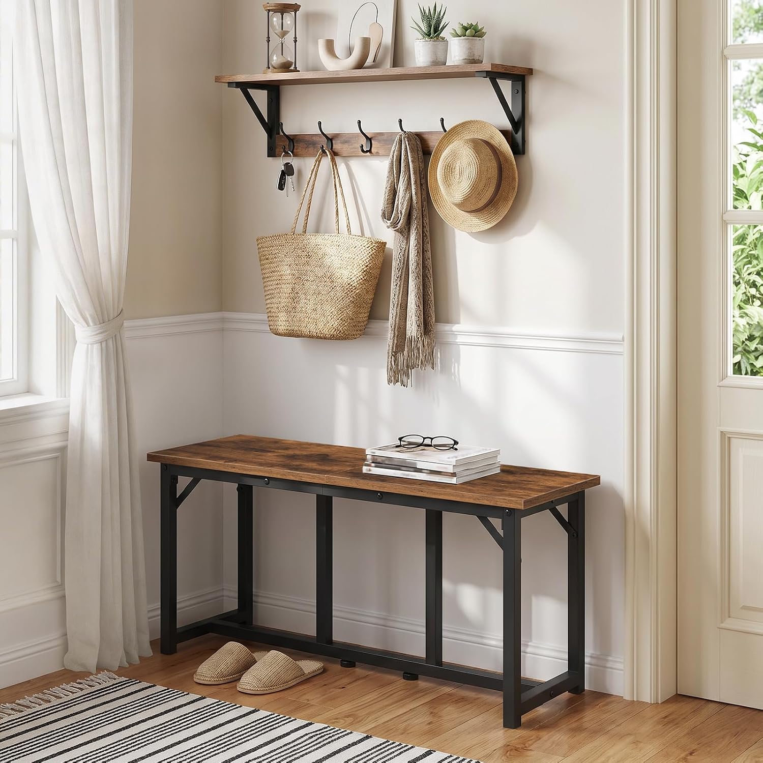 MAHANCRIS Dining Bench, Dining Table Bench, Industrial Kitchen Bench | 31.5 Inch Rustic Entryway Bench, Easy to Assemble, Steel Frame, for Kitchen, Living Room, Bedroom, Hallway, Rustic Brown