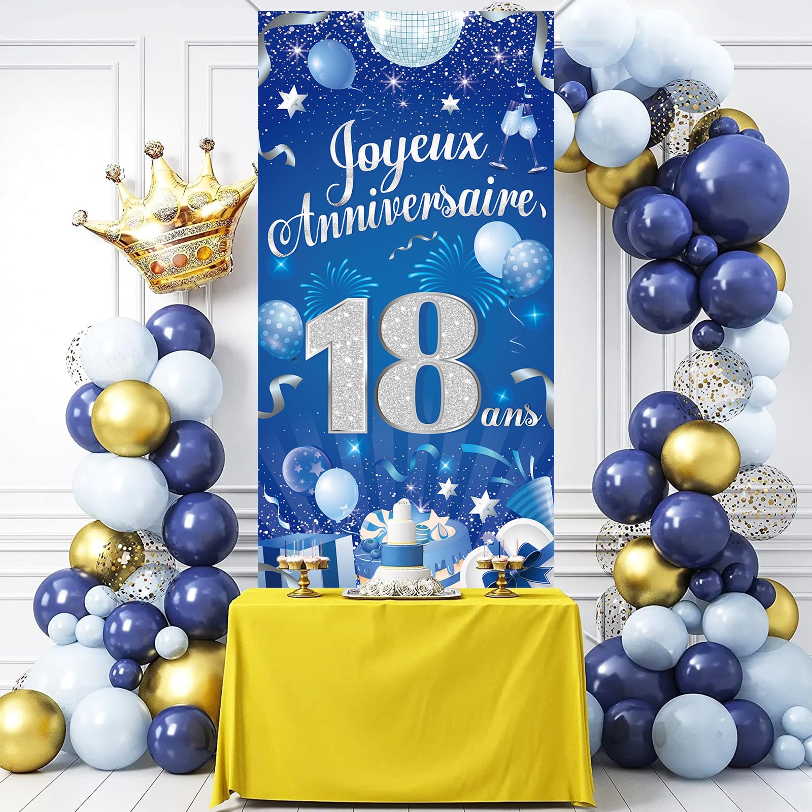 Déco Anniversaire 18 Ans Argent Et Bleu – Bannière 185x90 Cm, Polyester, Réutilisable, Pour Fille Ou Garçon