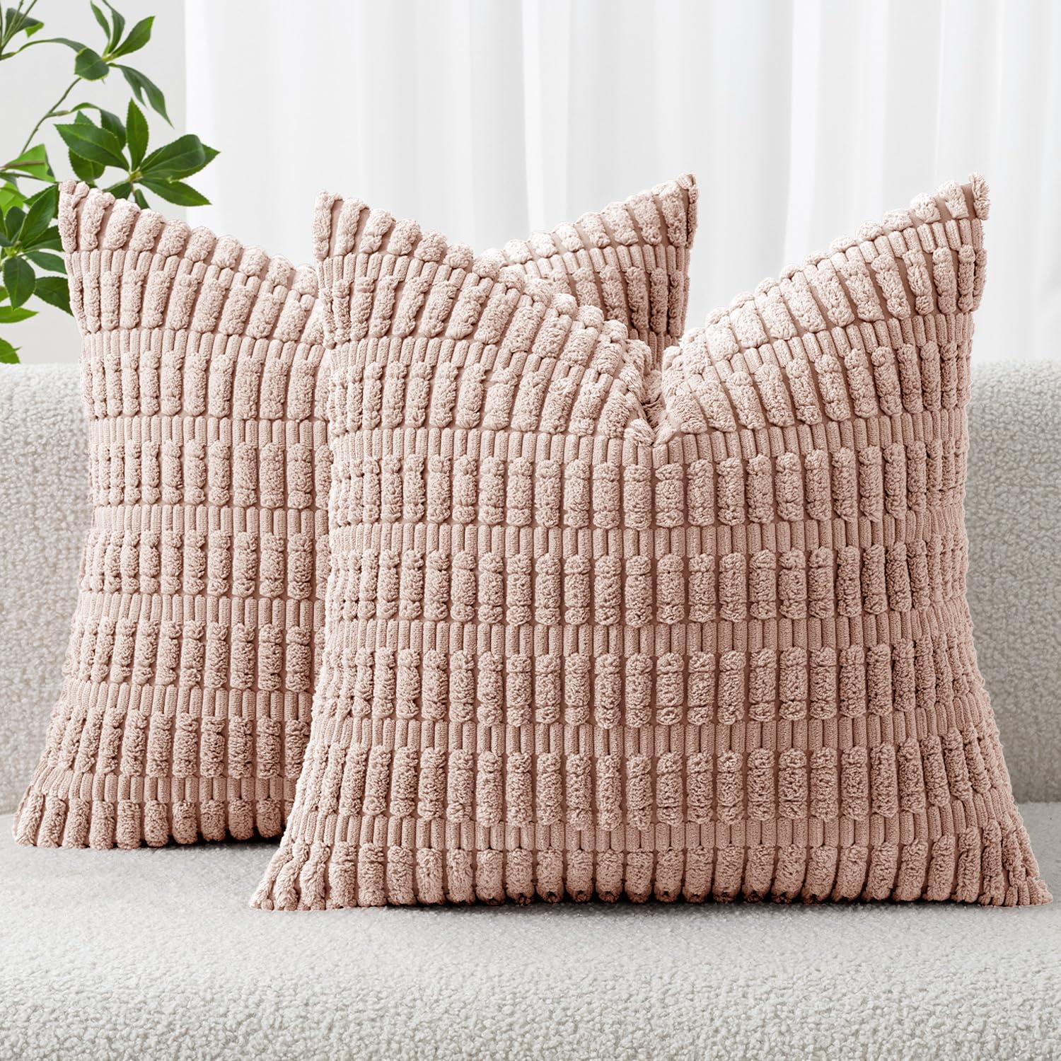 Kevin Textile -Pack of 2 Corduroy Decorative Throw Pillow Covers 18x18 Inch Soft Boho Striped Pillow Covers Modern Farmhouse Home Decor for Sofa Living Room Couch Bed Pink Spring Valentine Decor