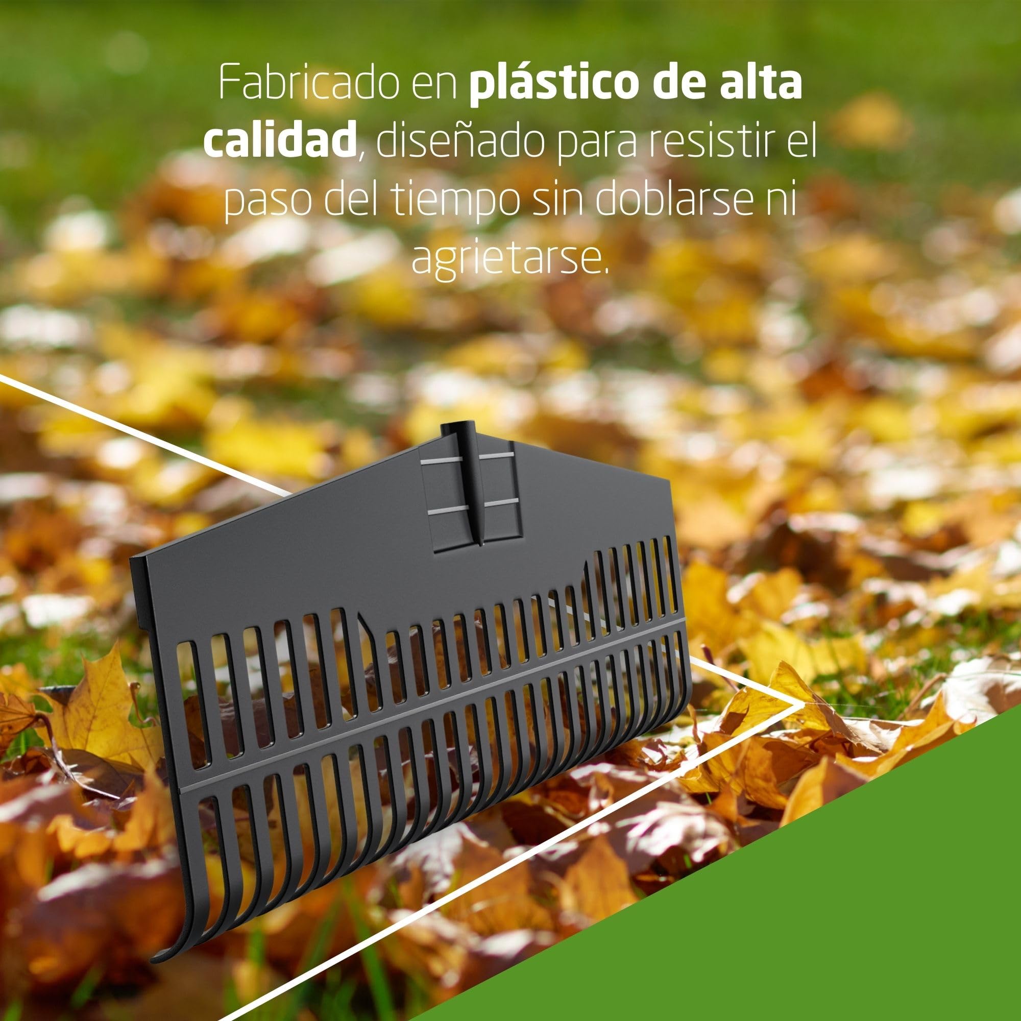 Amig - Rastrillo de Plástico Resistente - Herramienta Ligera para Barrer Hojas y Césped - Recogedor para Jardín y Campo - Púas Flexibles - para Mango Universal de 22mm