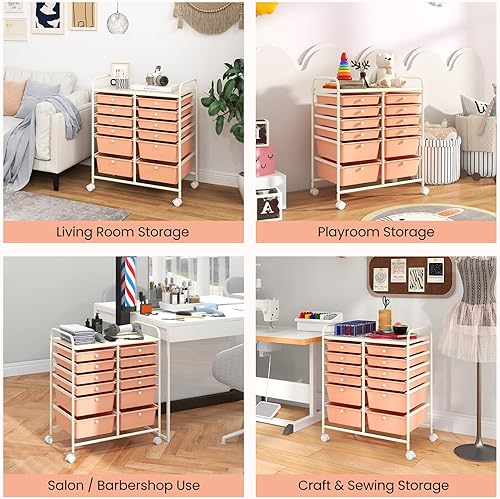 Vista 314 de LDAILY Carrito de almacenamiento con ruedas de 15 cajones, carrito rodante con cajones para aula, organizador de manualidades con ruedas con marco