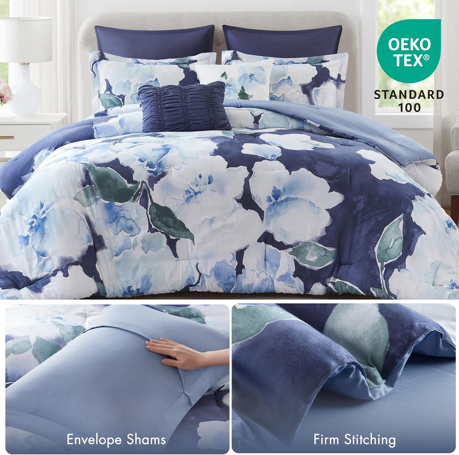 Madison Park 7-Piece Comforter Set, Floral Print, Breathable & Smooth Cotton Sateen Bedding with Euro Shams, Queen, Blue