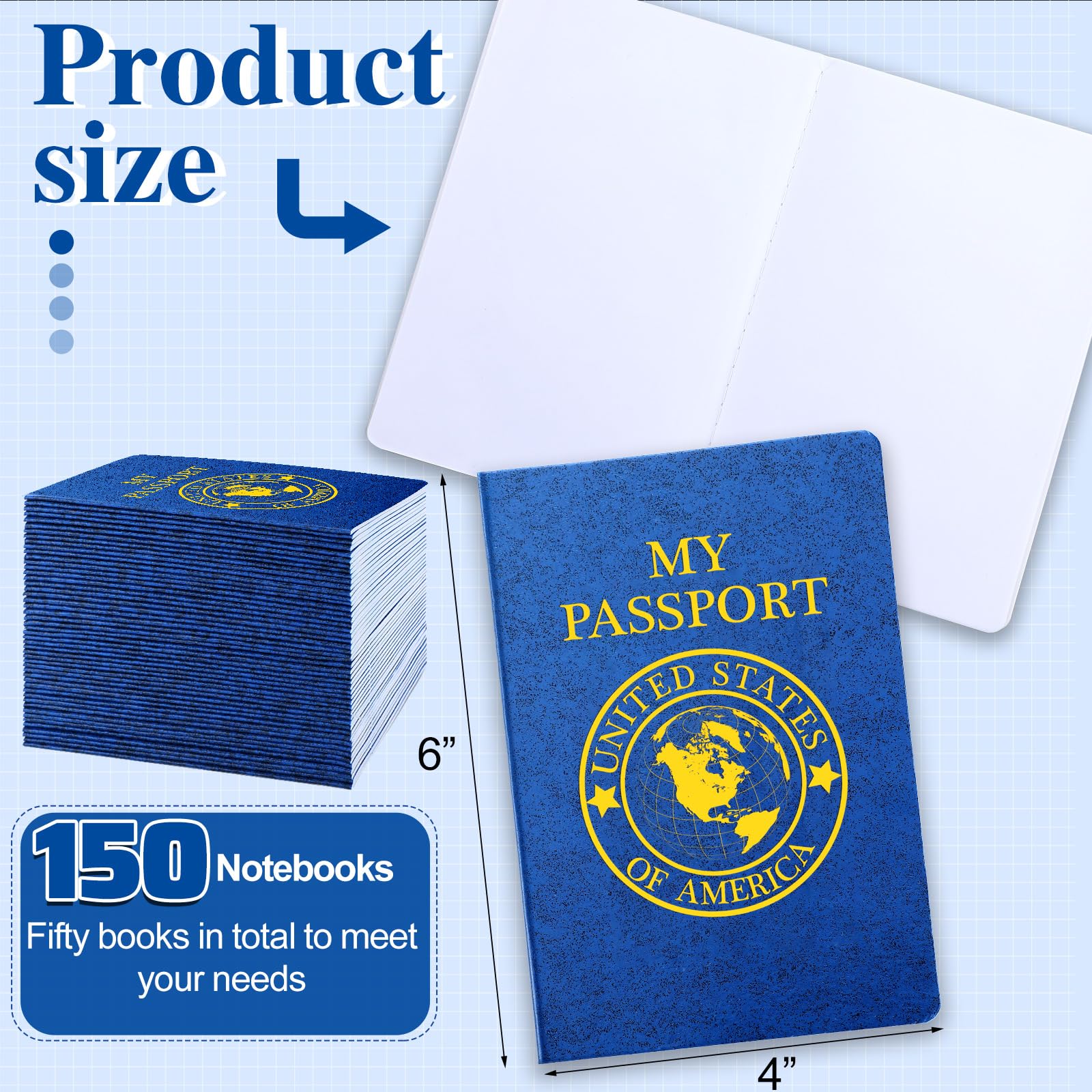 Woanger 150 cuadernos de pasaportes en blanco, cuaderno de pasaporte azul de 4 x 5.5 pulgadas, diario de viaje a granel para niños, actividades escolares, proyectos temáticos (estilo simple)