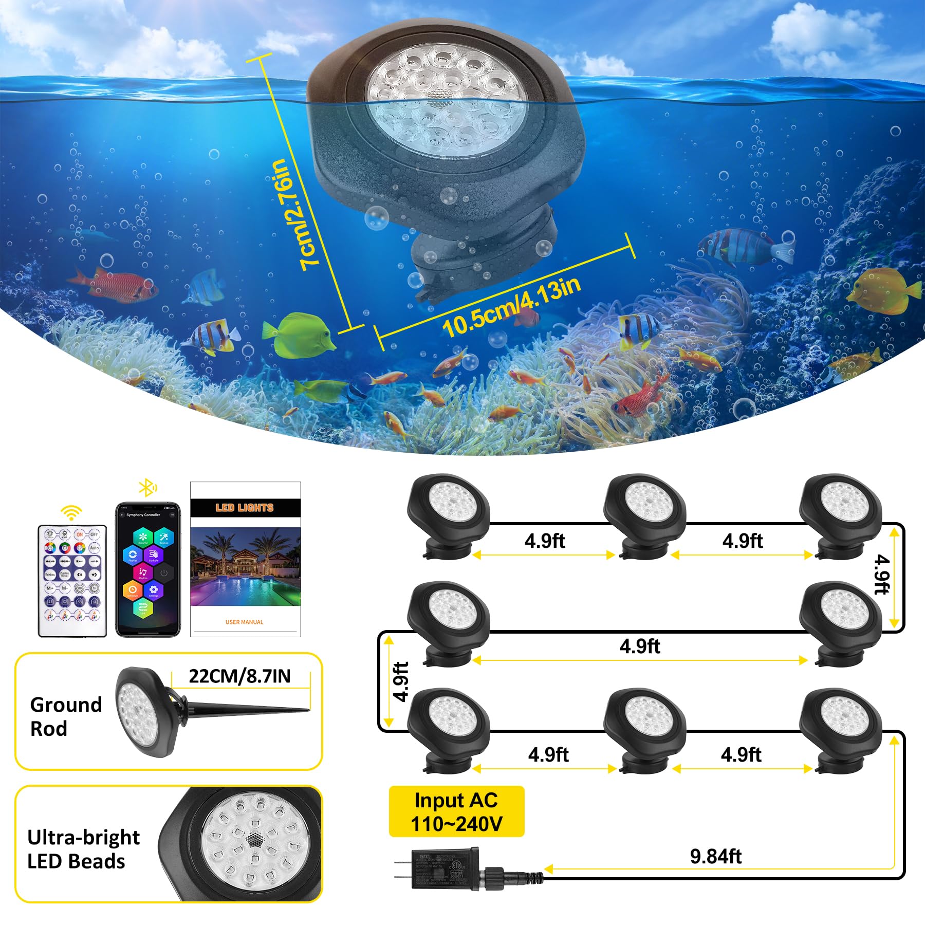 Luces LED Solares Subacuáticas Para Piscina, 2 Unidades Con Mando, Cambio De Color IP65 - ¡Decora Tu Piscina, Estanque O Fuente De Noche!