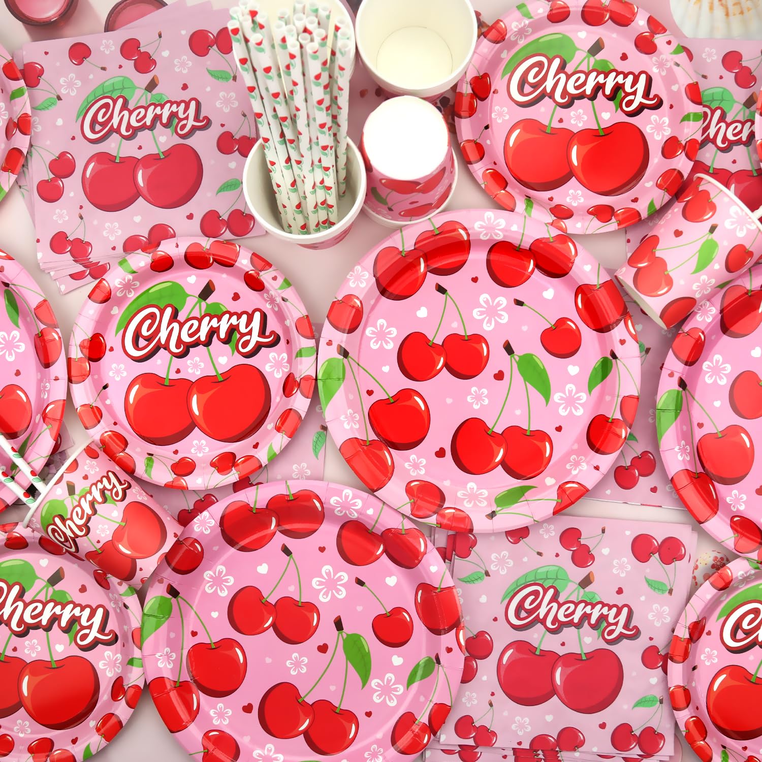 Decorazioni per feste di compleanno di ciliegia, accessori per feste di ciliegia, tra cui striscioni, piatti, topper per torte, tazze, tovaglioli, palloncini, tovaglia, 20 (LQ)
