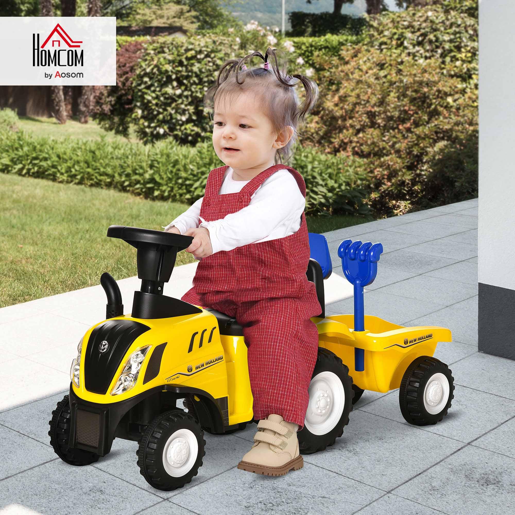 HOMCOM Trattore Giocattolo per Bambini Cavalcabile con Rimorchio, Rastrello e Pala, Gioco Educativo per Bimbi 12-36 Mesi, 91x29x44cm, Giallo