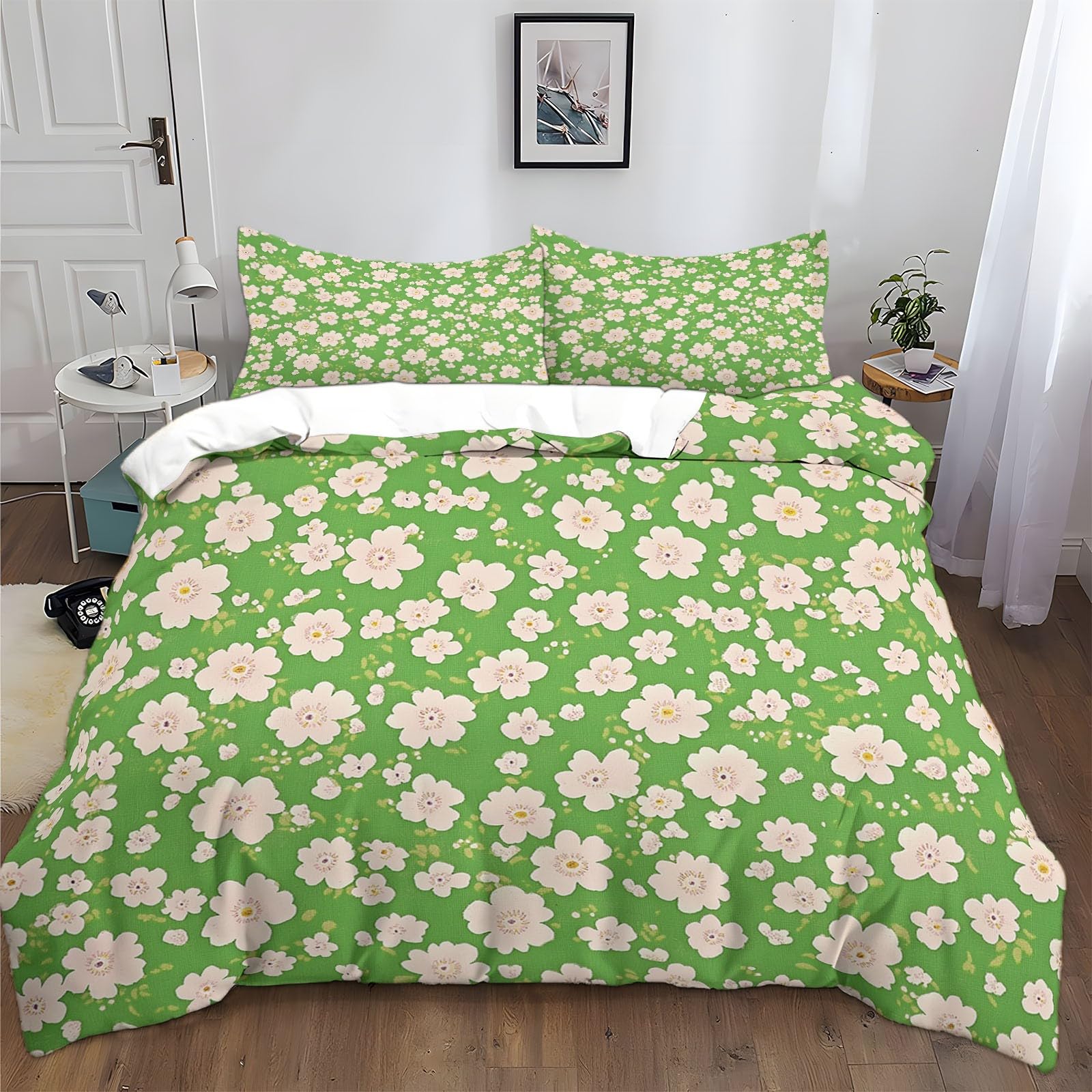 Housse de couette 220x240 fleurs vintage vertes en coton-polyester avec 2 taies d'oreiller