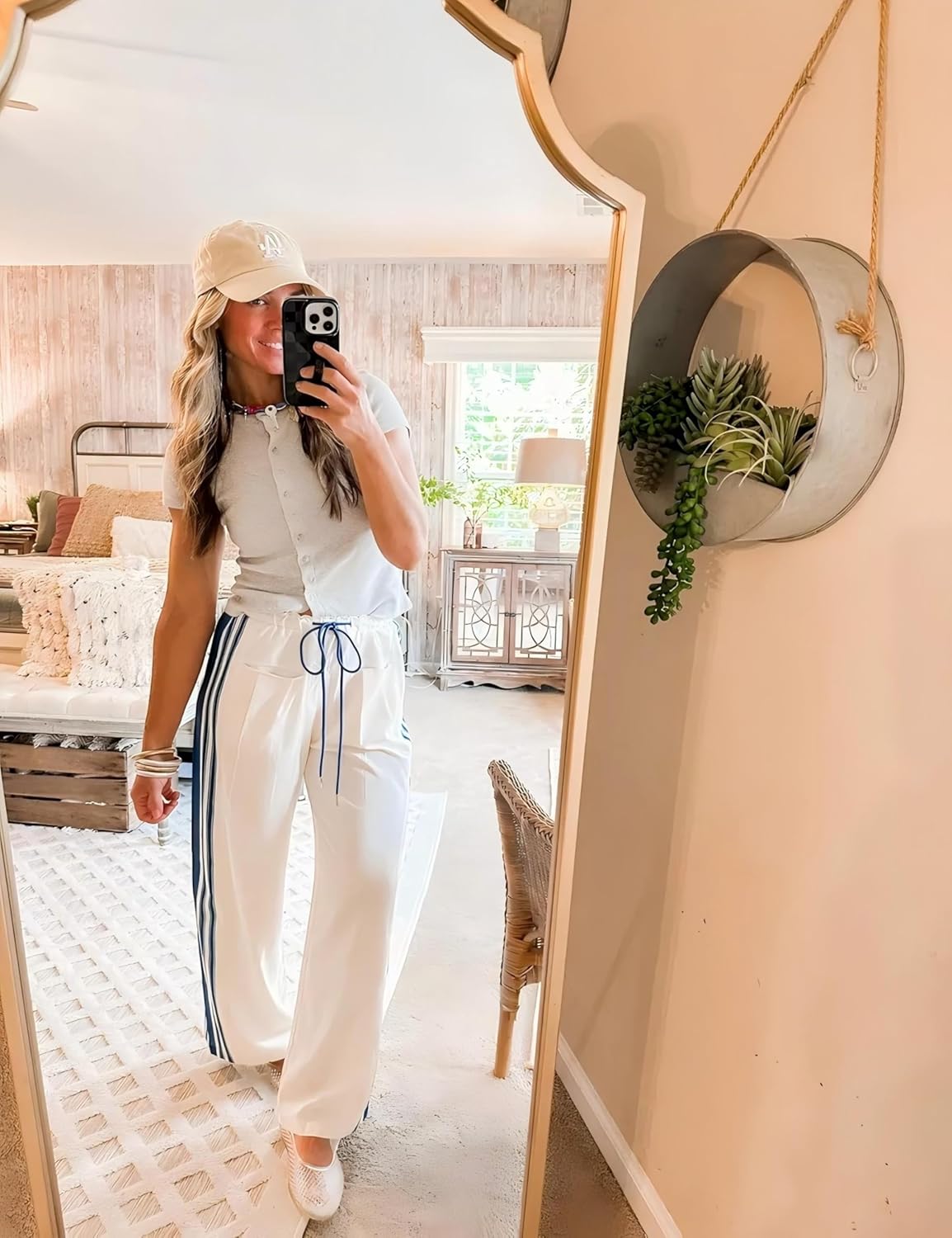 Hongsui Women's Wide Leg Pants Drawstring High Rise Side Striped Slouchy Palazzo Pants with Pockets - Image 2