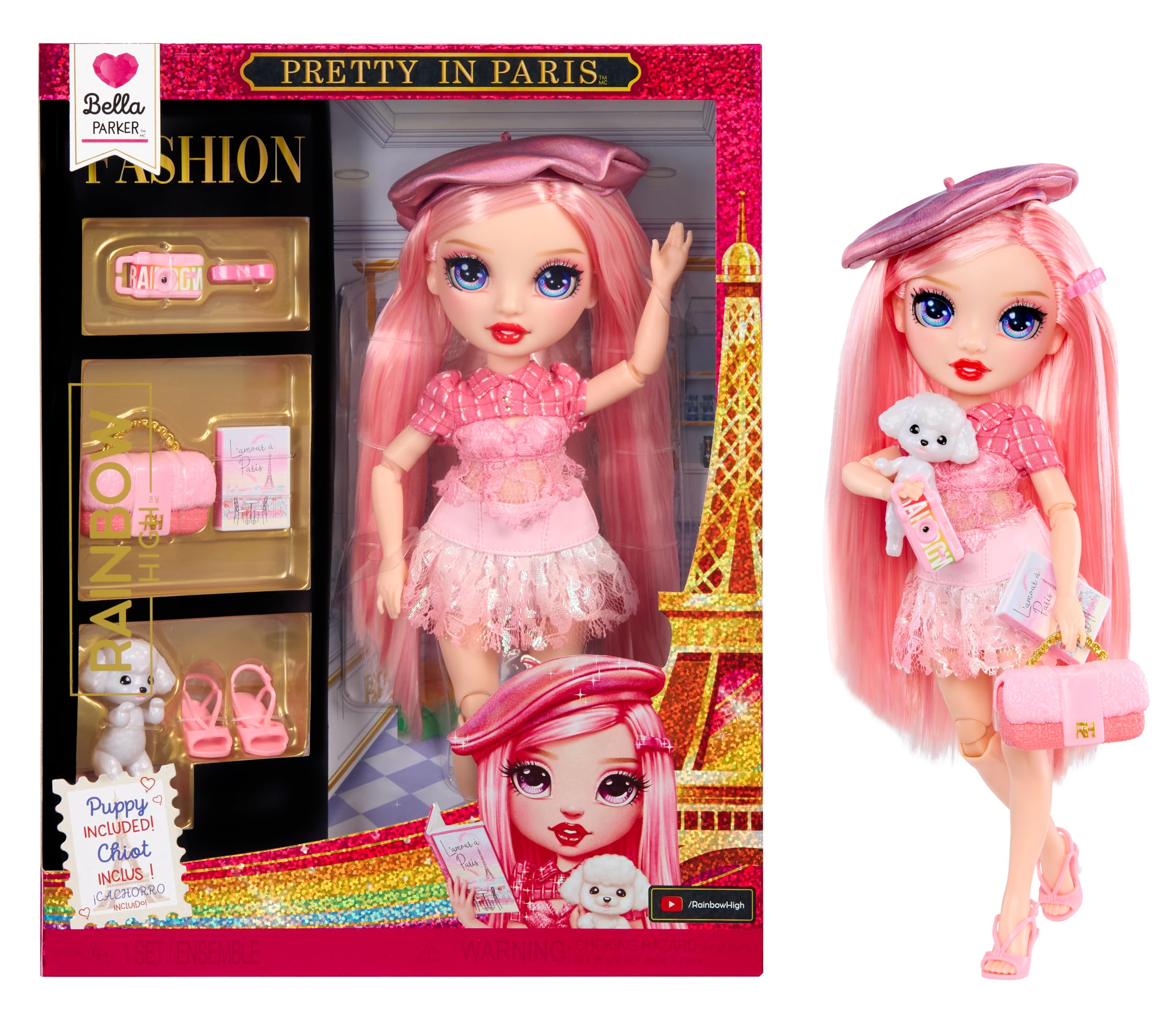 Rainbow High Pretty in Paris Fashion Doll - Bella Parker - Pink 28 cm Fashion Doll with Puppy, Handbag and Accessories, Play, Posable, Collectable, For Children Ages 4 to 12+