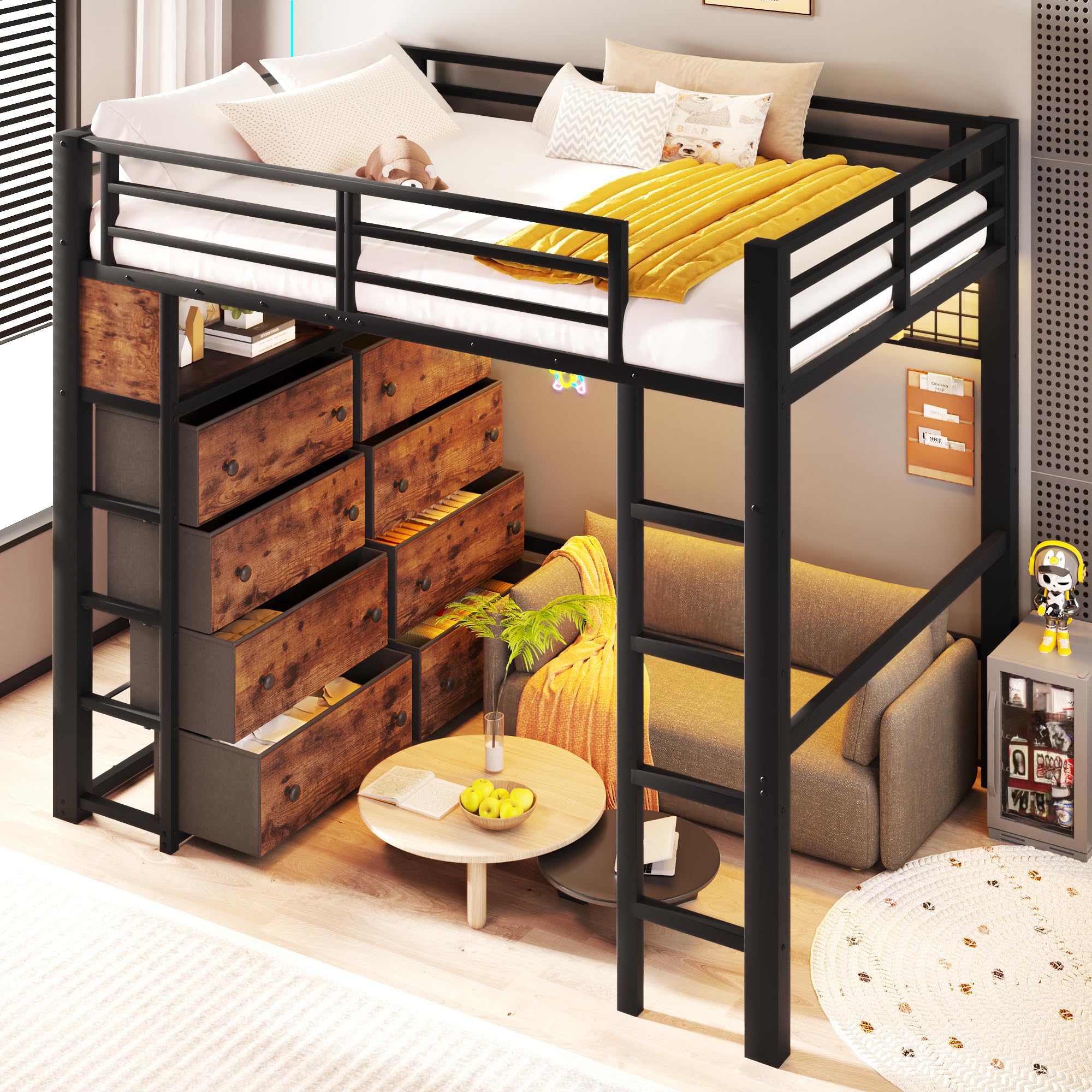 Cama Alta 140x200 con Somier de Lamas Cama con Cajones Marco de Metal Double Bed con 8 Cajones con Protección Anticaídas Perimetral con Baldas Abiertas para Vivienda Negro
