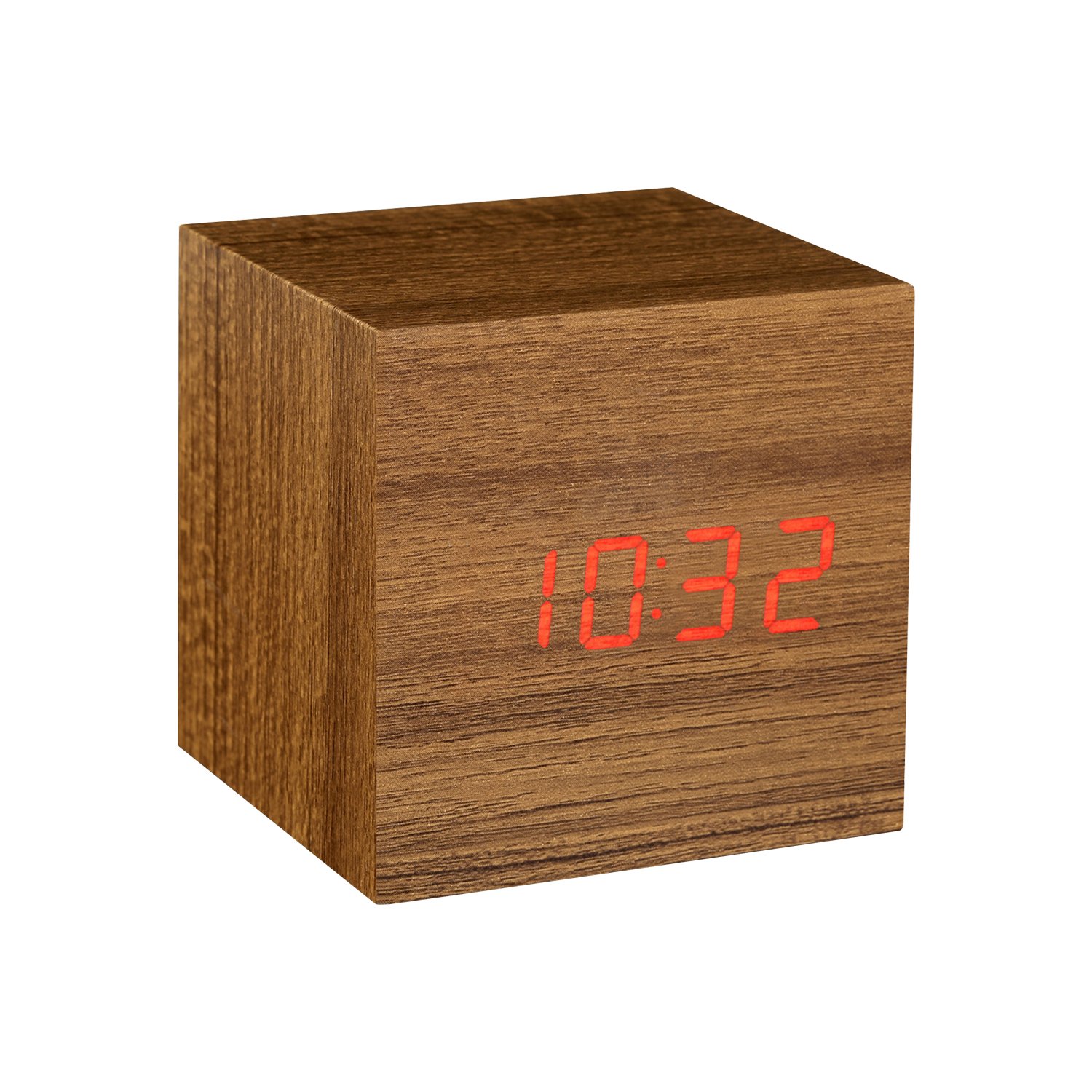 Gingko Cube LED Click Clock Alarm Clock With Sound Activation (Time, Date & Temperature), Teak/Red LED