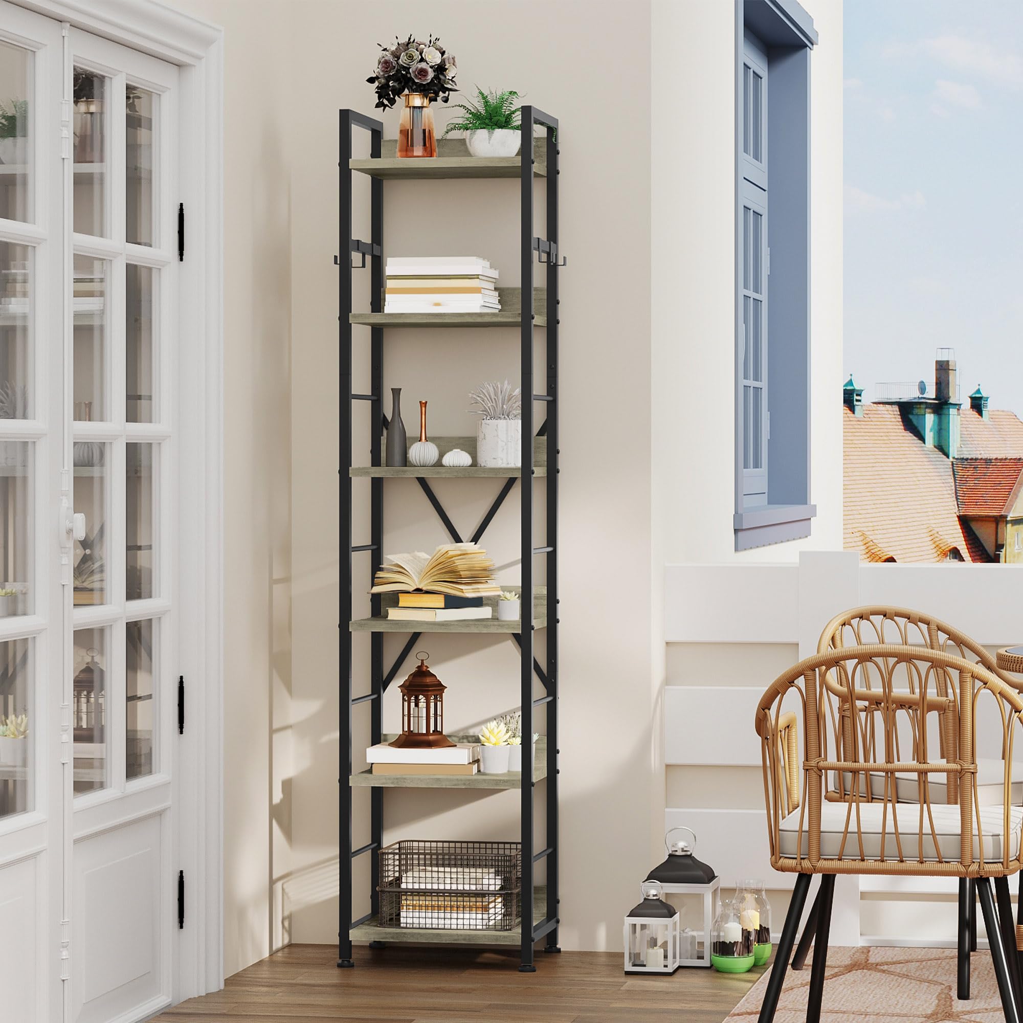 YITAHOME Bücherregal mit 6 Ebenen, Industrielles Standregal, Metallrahmen und Holzregale, Hohes Lagerregal mit 4 Haken, Präsentationsorganizer, für Wohnzimmer, Heimbüro, Grau Regal