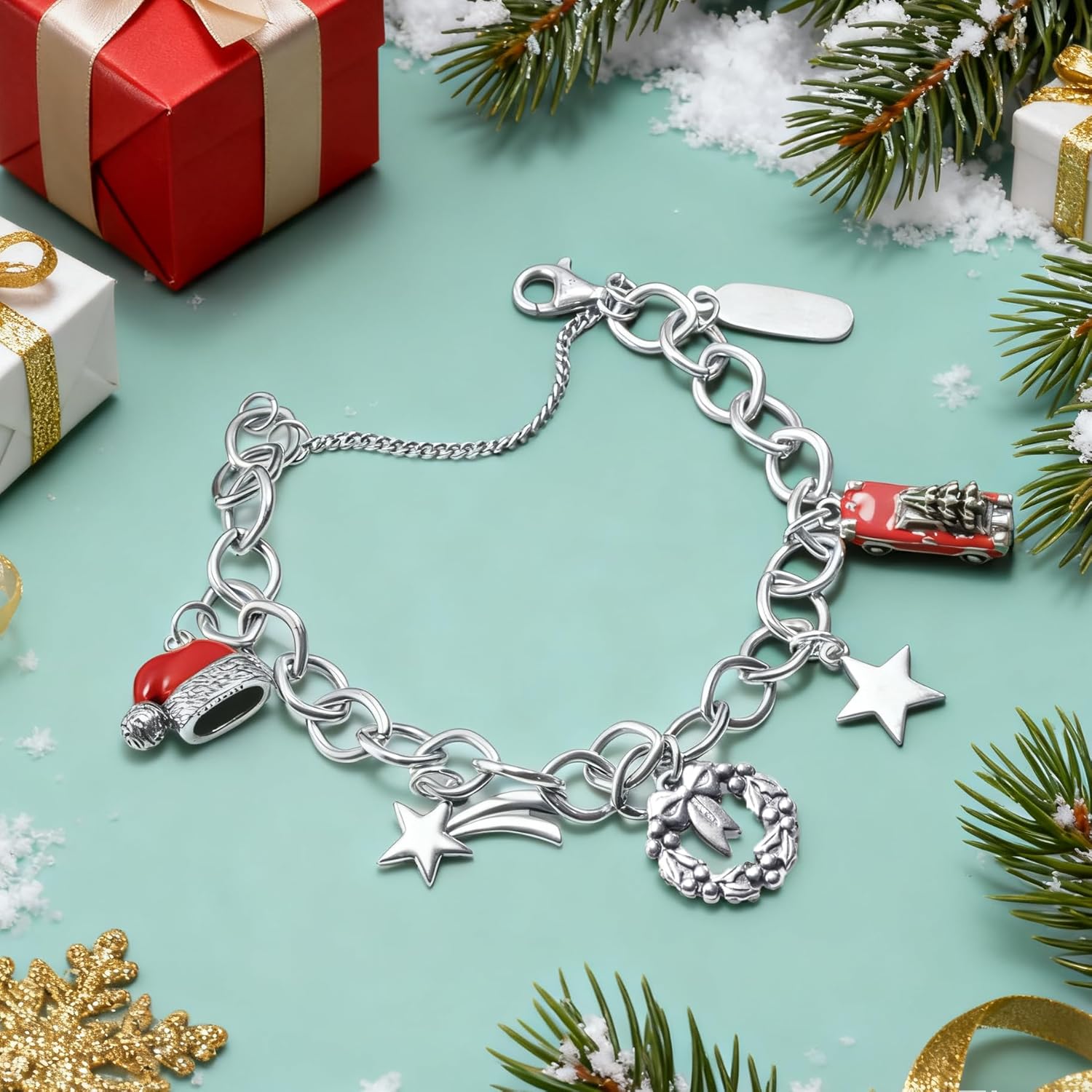 S925 JA Christmas Charm Bracelet, Sterling Silver with Santa Hat, Red Truck, Star & Wreath Charms