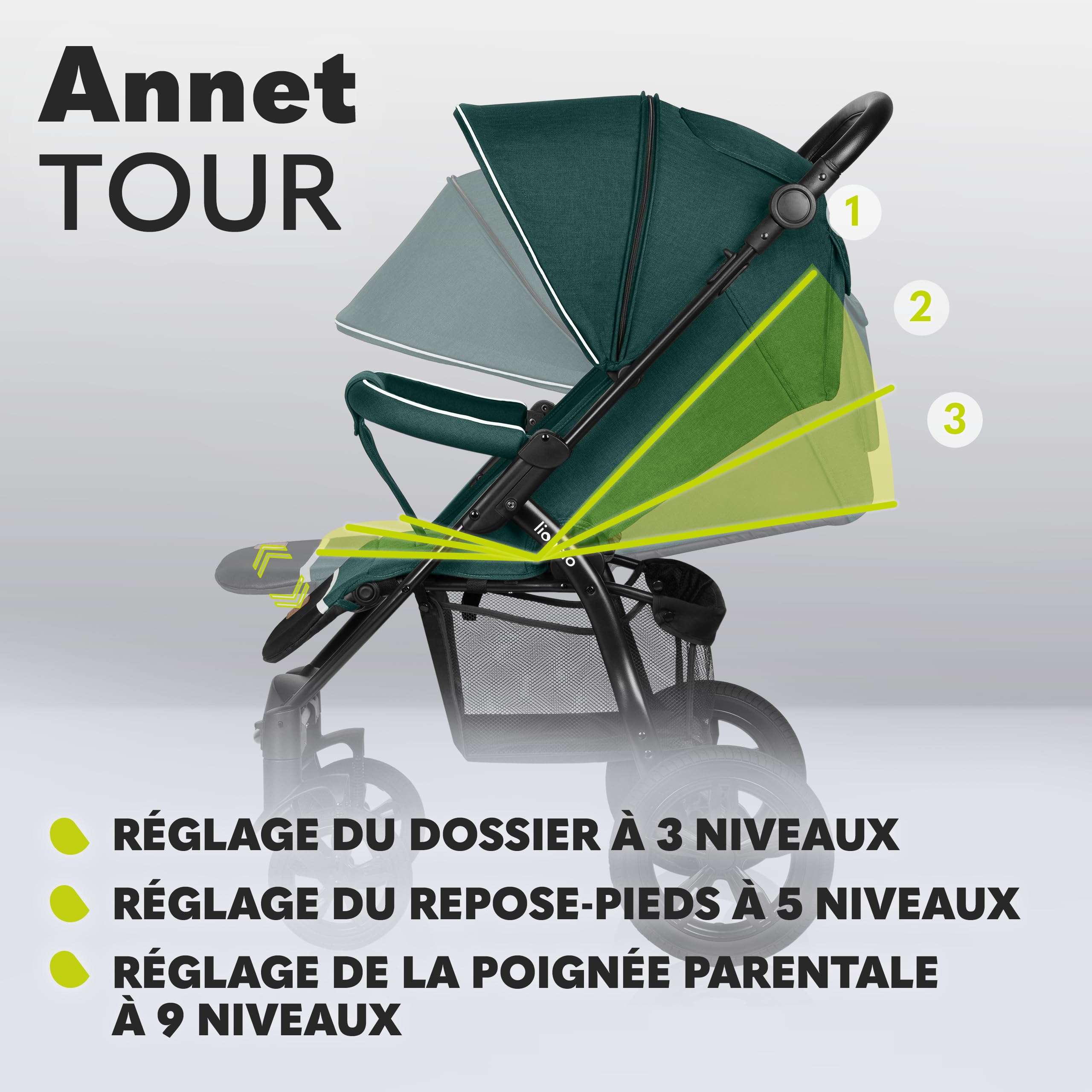 LIONELO Annet Tour poussette canne universelle jusqu'à 22 kg, réglage du dossier jusqu’à la position allongée, roues sans entretien, auvent imperméable XXL, ceintures à 5 points (vert)