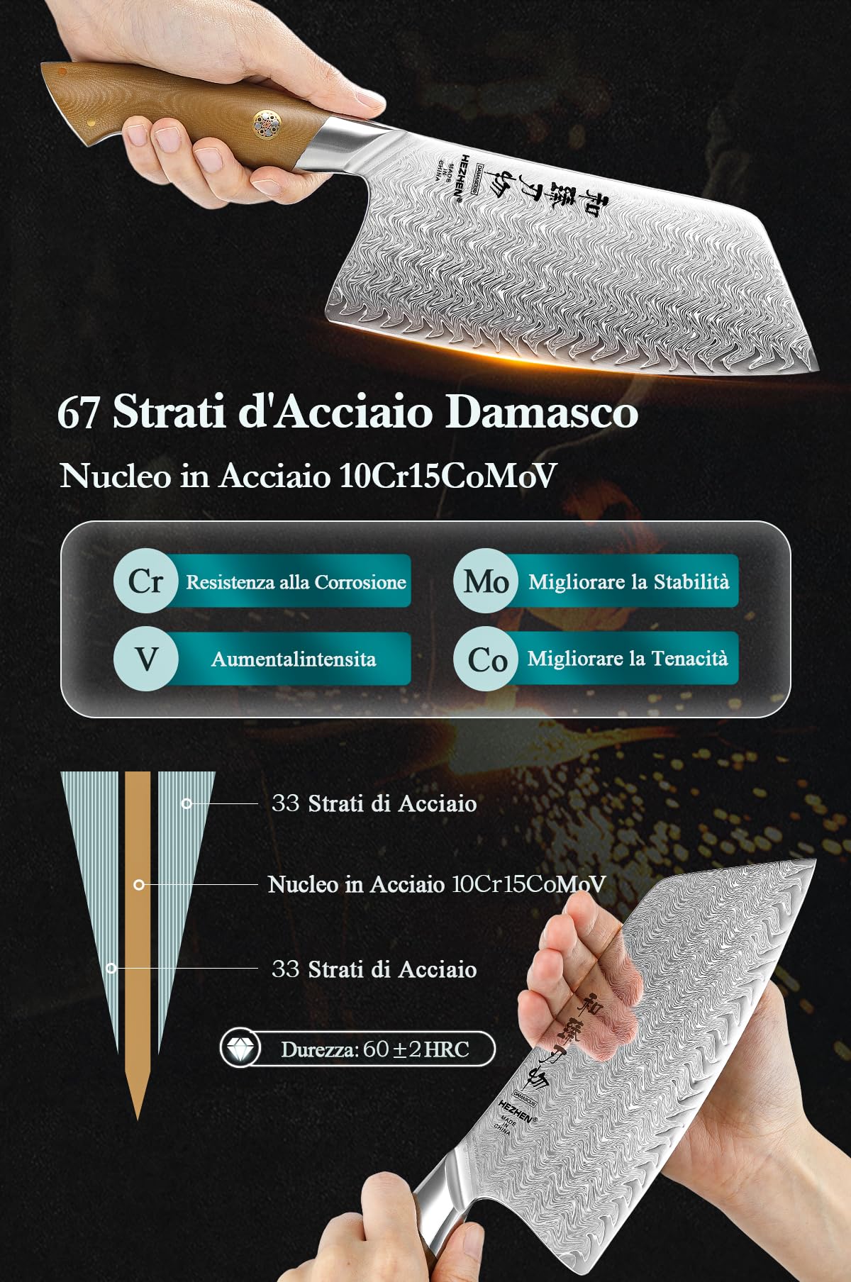 HEZHEN Mannaie per Carne Acciaio Damasco,Coltelli Mannaie da Chef Cinesi Professionale, Coltelli da Cucina Multifunzionale, Full Tang Manico