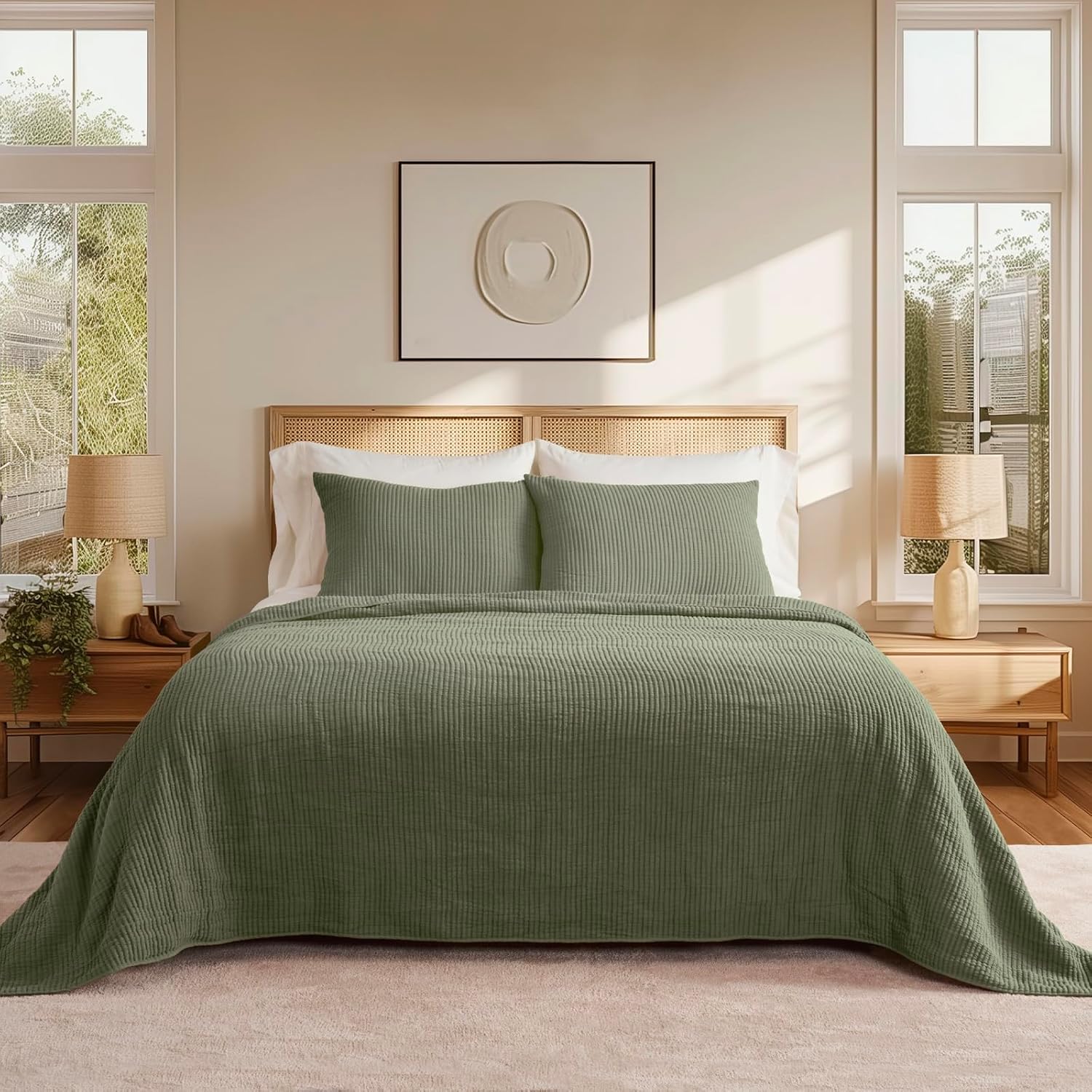 EVERGRACEHOME Cotton Coverlet Set King Size 3 Pieces, Lightweight Soft Ribbed Matelassé Bedspread Quilt Set, Cozy Oversized Quilted Bedding Set with 2 Pillow Shams for All Seasons, Olive Green - Image 6