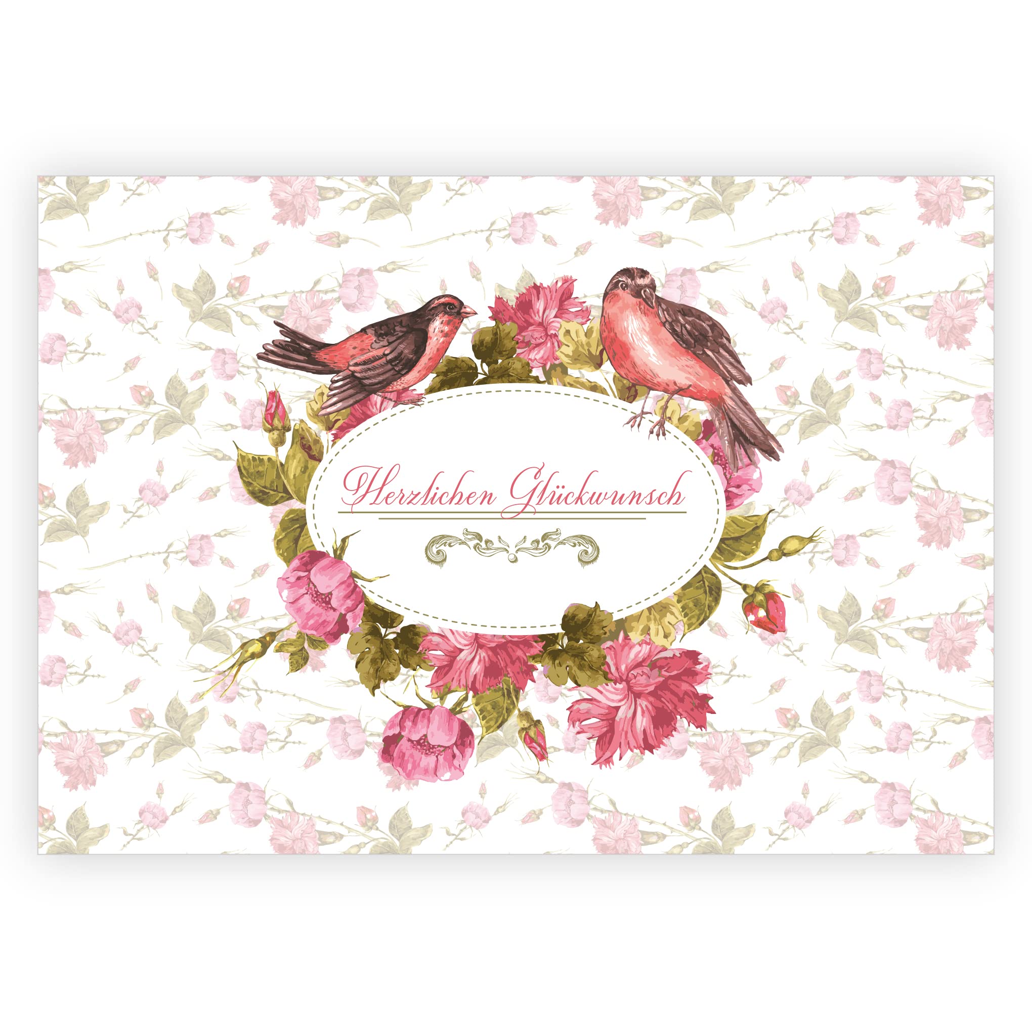 Kartenkaufrausch 16 Karten: Vintage Glückwunschkarte mit Vögelchen auf zartem Rosen Hintergrund um zum Jubiläum, zur Hochzeit, zum Abschluss oder Geburtstag zu gratulieren
