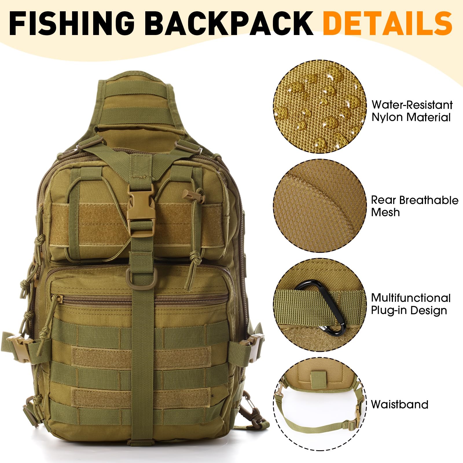 Eccliy Lot de 6 outils de pêche tactiques - Sac à dos et pinces de pêche - Boîte de rangement pour poissons - Cadeau pour homme et femme (kaki)