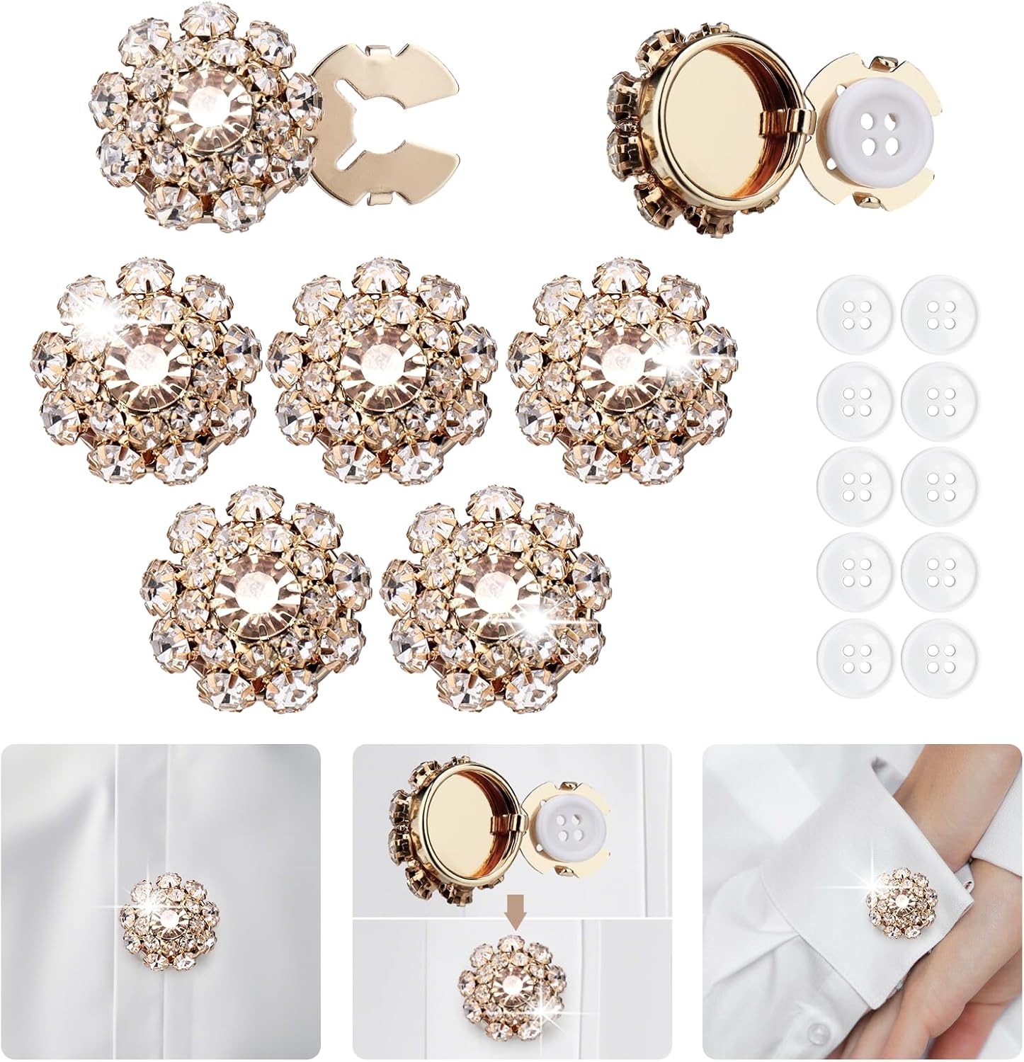 Juome Button Covers – 5 Sets Rhinestone Buttons Covers for Women, Gold Crystal Detachable Button Decorative Clips Buttons Jewelry for Blouses Clothing DIY Holiday Decoration Embellishments
