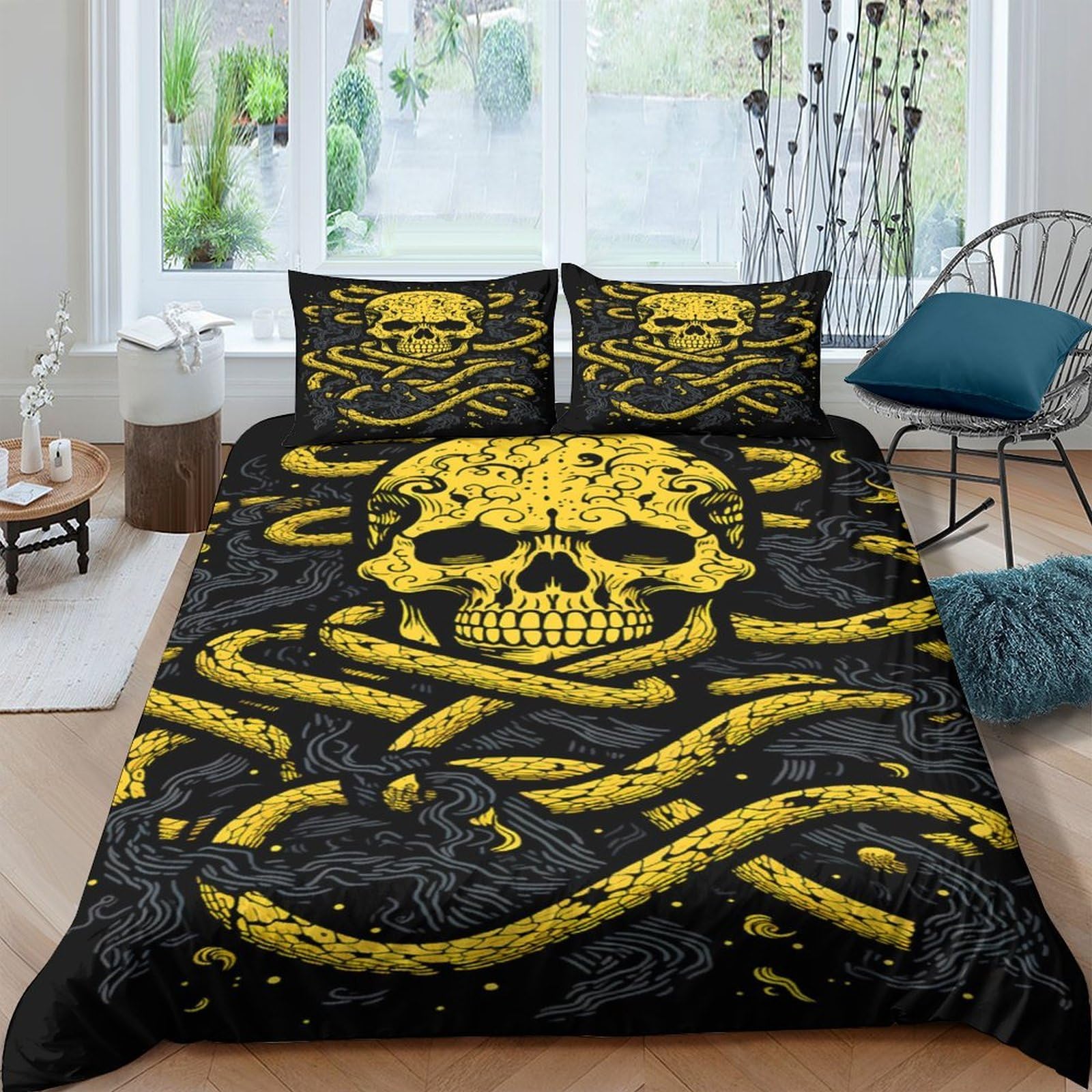 Ctjqhvkz Style-5 3D Printed Yellow Skull Fitted Sheet Microfiber Soft Breathable Snake Pattern Mattress Cover Bedroom Decor Single（135X200cm）