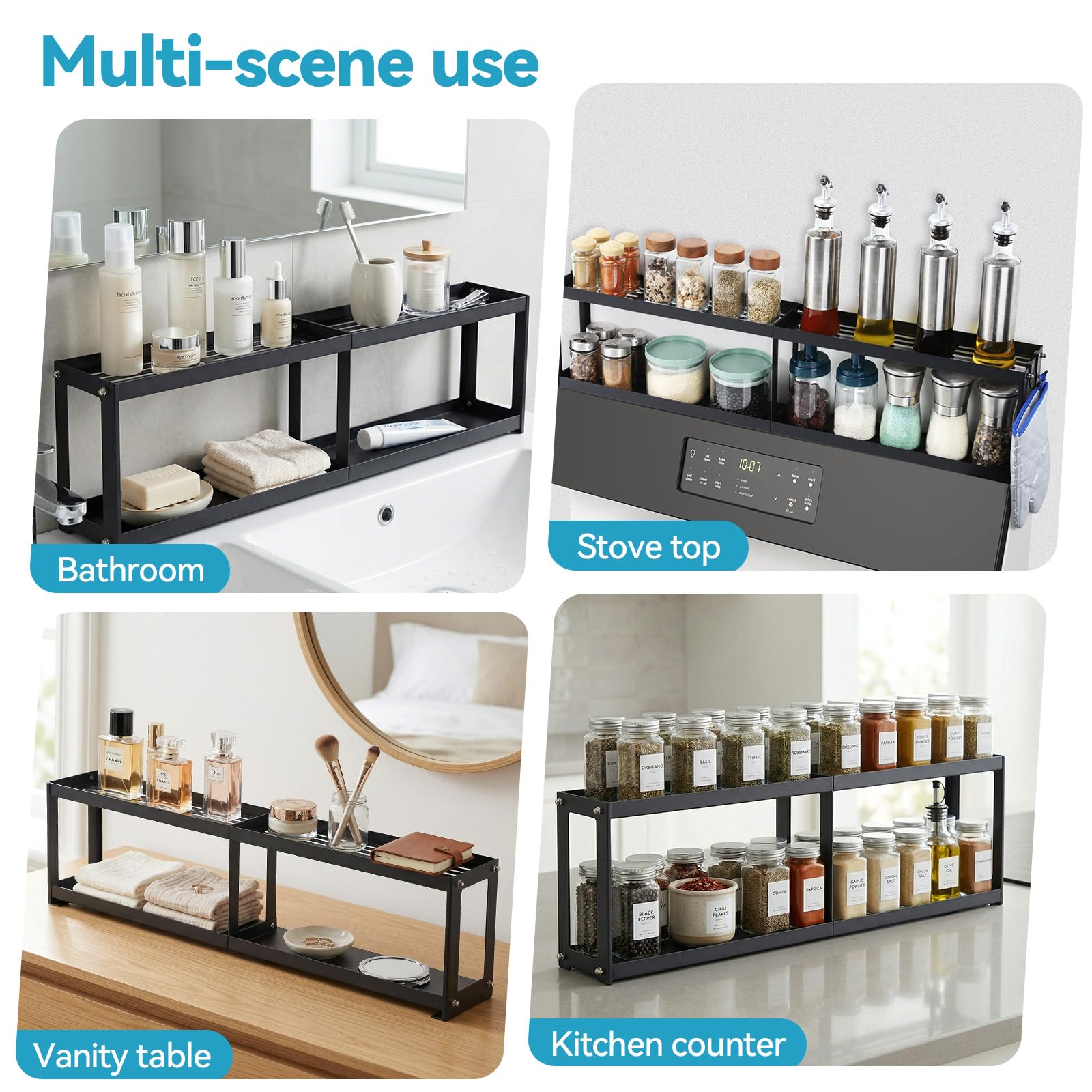 OTraki Étagère à épices magnétique à 2 niveaux pour cuisinière avec 2 tapis antidérapants - Organiseur d'assaisonnement au-dessus de la cuisinière avec 4 crochets - Étagère magnétique pour