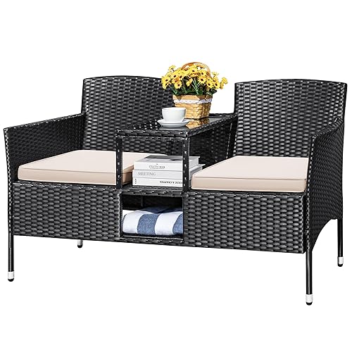 Devoko Outdoor Patio Loveseat Modern Rattan 2-Seat Patio Conversation Set