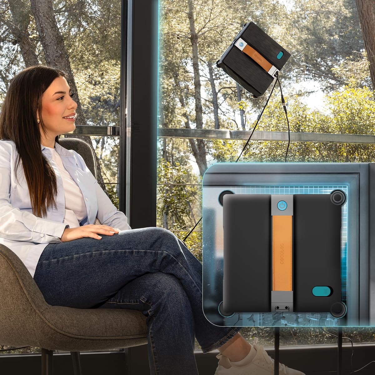Cecotec Robot Lave-vitres avec App et Télécommande Conga Windroid W50 Double Spray. Pulvérise, Nettoie et Sèche, 6300Pa, Design Carré, 4 Serpillières et 4 Sprays, 5 Modes, Double Système de Sécurité