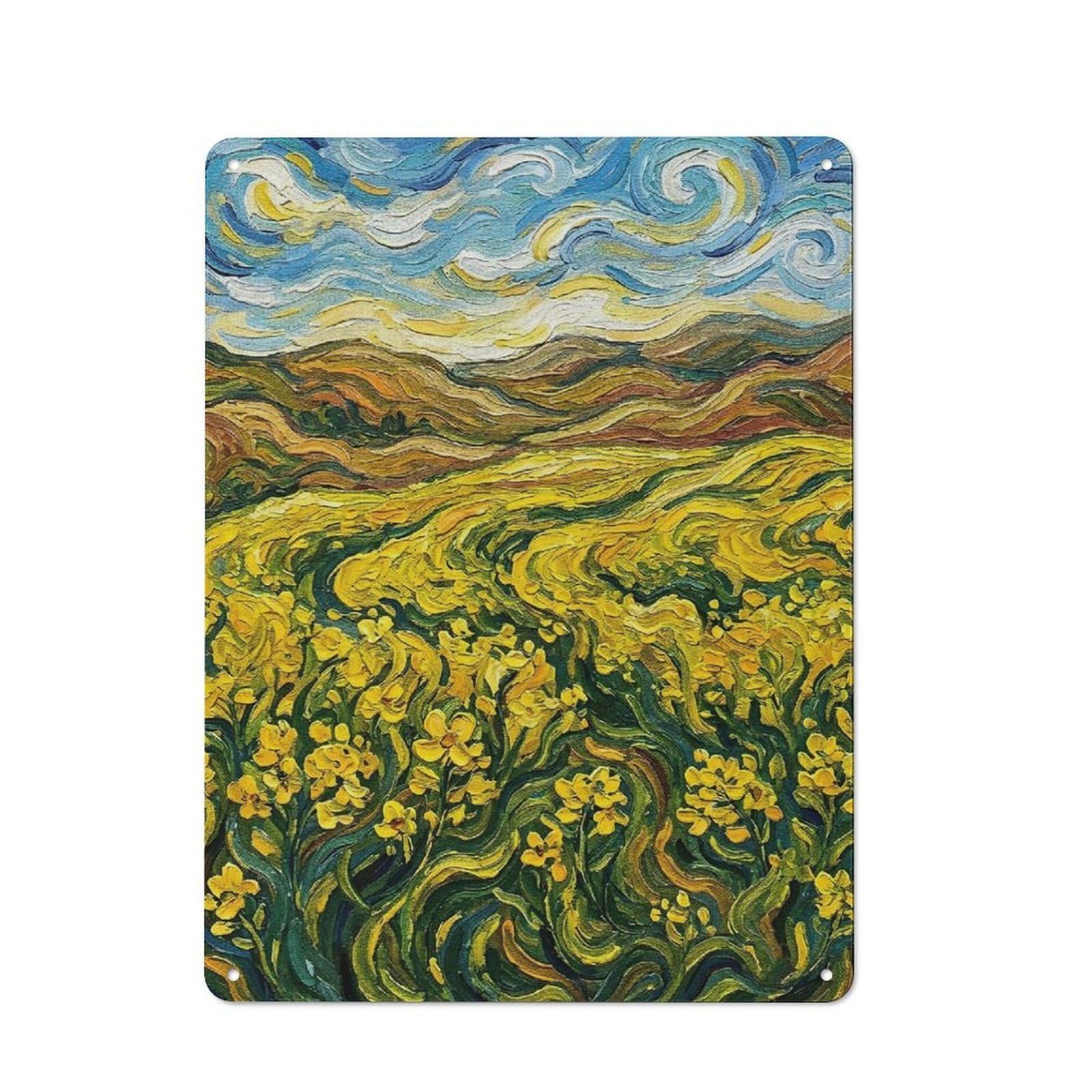 Junmoney Style-5 Yellow Flowers Field Painting Tin Sign 40X30cm, Creative Studio Wall Plaque For Hobby Room, Office, Lounge Or Living Room