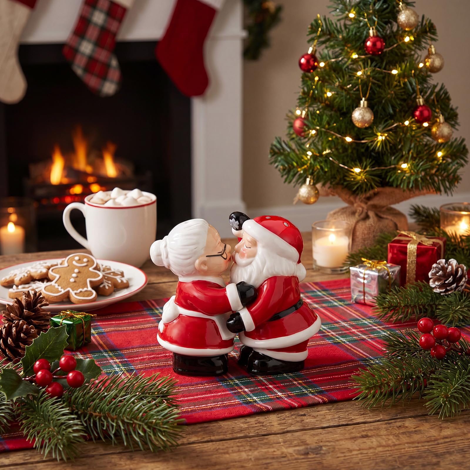 Remerry Mr. and Mrs. Santa Set di saliera e pepiera, in ceramica, con Babbo Natale che si baciano e la signora Claus, decorazione per la cucina delle vacanze in campagna, decorazioni da tavola e