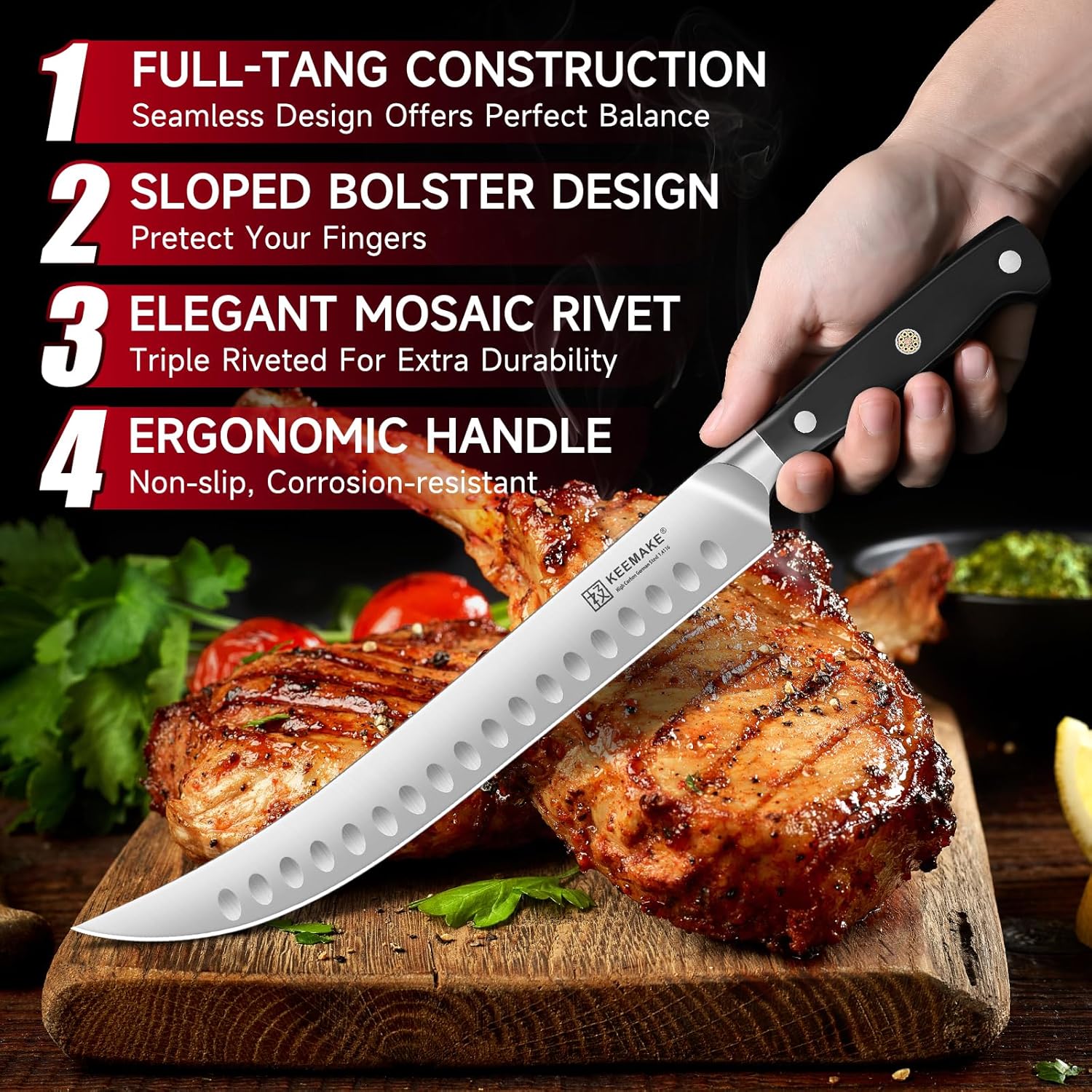 KEEMAKE Butcher Knife 10 Inch, Carving Knife for Meat Brisket Slicing Knife Professional Razor Sharp German Steel with Full Tang Design Ergonomic Handle for Meat, BBQ, Gift Box Included - Image 5