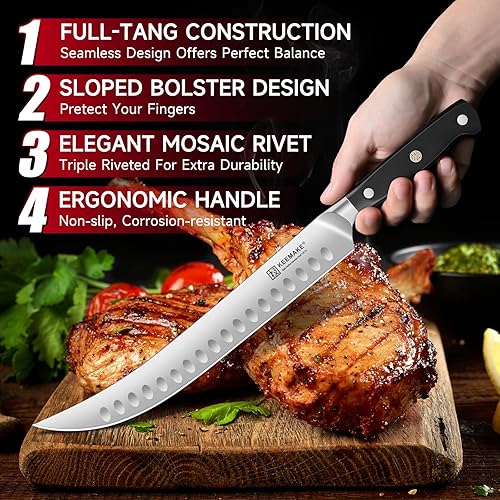 Vista 37 de KEEMAKE Juego de cuchillos para tallar barbacoa, cuchillo de carnicero de 10 pulgadas y cuchillo de afilar de 10 pulgadas para cortar carne, acero