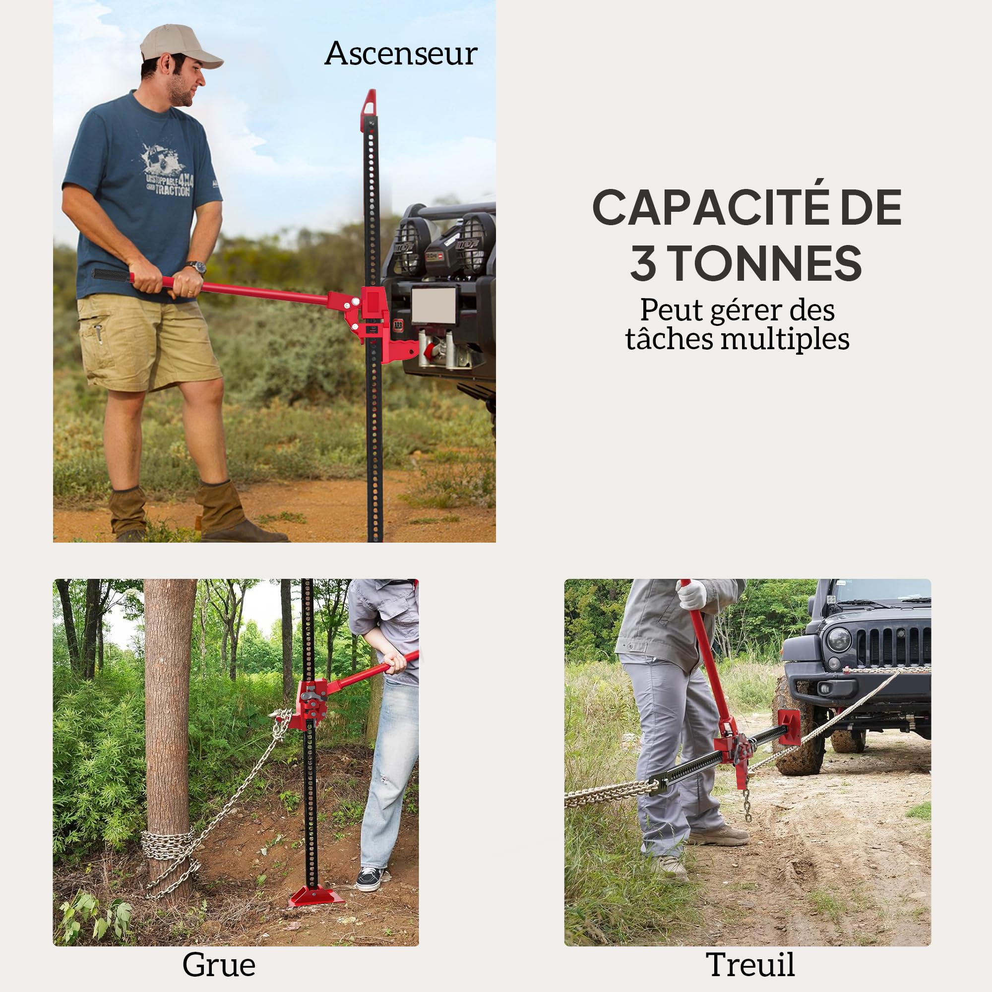 HOMCOM Cric Farm Jack Tout-Terrain ATV 4x4 Charge Max. 3000 kg Rouge | Hauteur de Levage 11-135 cm, Cric à Crémaillère, Dépannage Véhicule Embourbé, pour Voiture Camion SUV