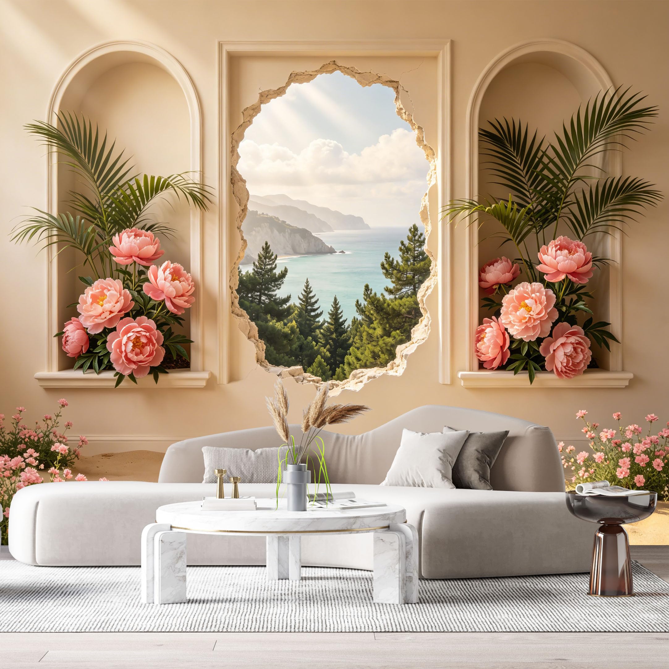 Custom Size Wall Murals 3D Trompe L'Oeil Coastal Botanical Peony Flowers Ocean Cliff View SelfAdhesive Wall Fabric Removable Large Wallpaper for Photo Living Room