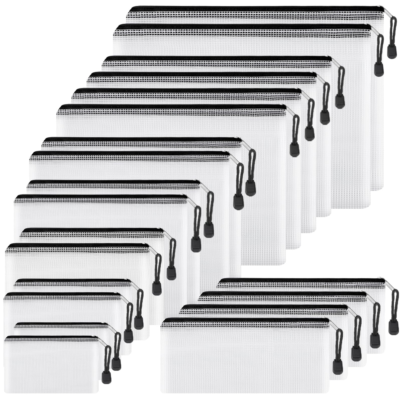 20pcs Mesh Zipper Pouch Bags 8 Size Water Resistant Zipper Bags Plastic Clear Storage Bags for Travel Office Home School Supplies and Board Game Organize