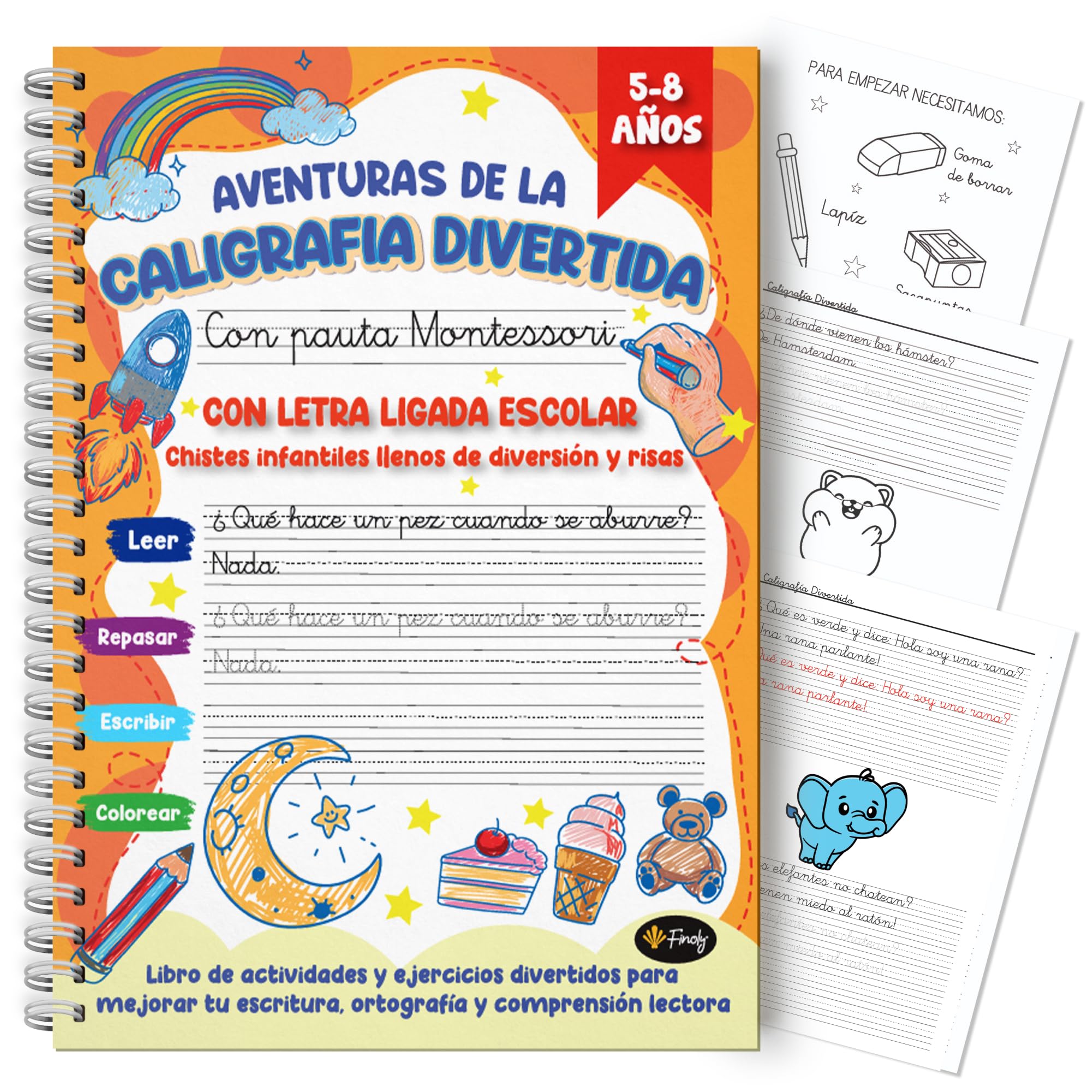 Finoly Cuaderno Caligrafía Divertida con Pauta Montessori | Niños 5 a 8 años Cuaderno Caligrafía Infantil | Libro Caligrafía Letra Ligada Escolar para Mejorar Escritura Compresión Lectora y Ortografía