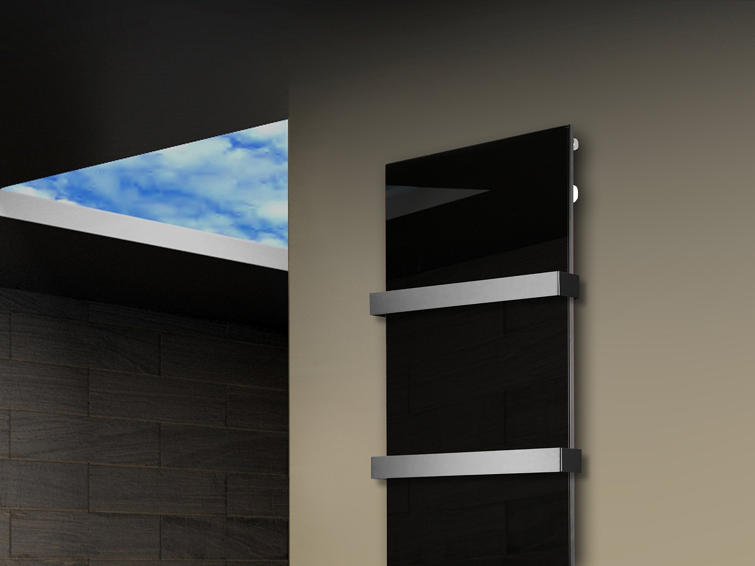 Badheizkörper mit Glas Design Montevideo 3 Glasfront 180x47cm 1118 Watt schwarz (+2 Halter 50mm) SZAGATO Handtuchwärmer Handtuchtrockner Handtuchhalter Paneelheizkörper vertikal Mittelanschluß