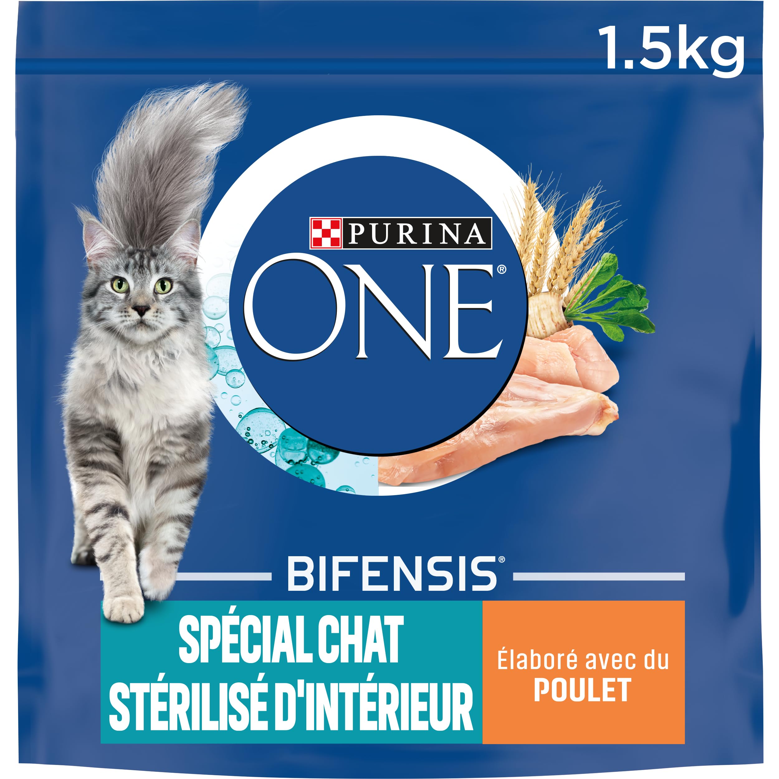PURINA ONE | BIFENSIS | Spécial Chat Stérilisé d'Intérieur | Croquettes |Aide à contrôler le poids, maintenir un système urinaire sain,et éliminer les poils de l'estomac| Poulet | Sac | Lot (6x1,5 kg)