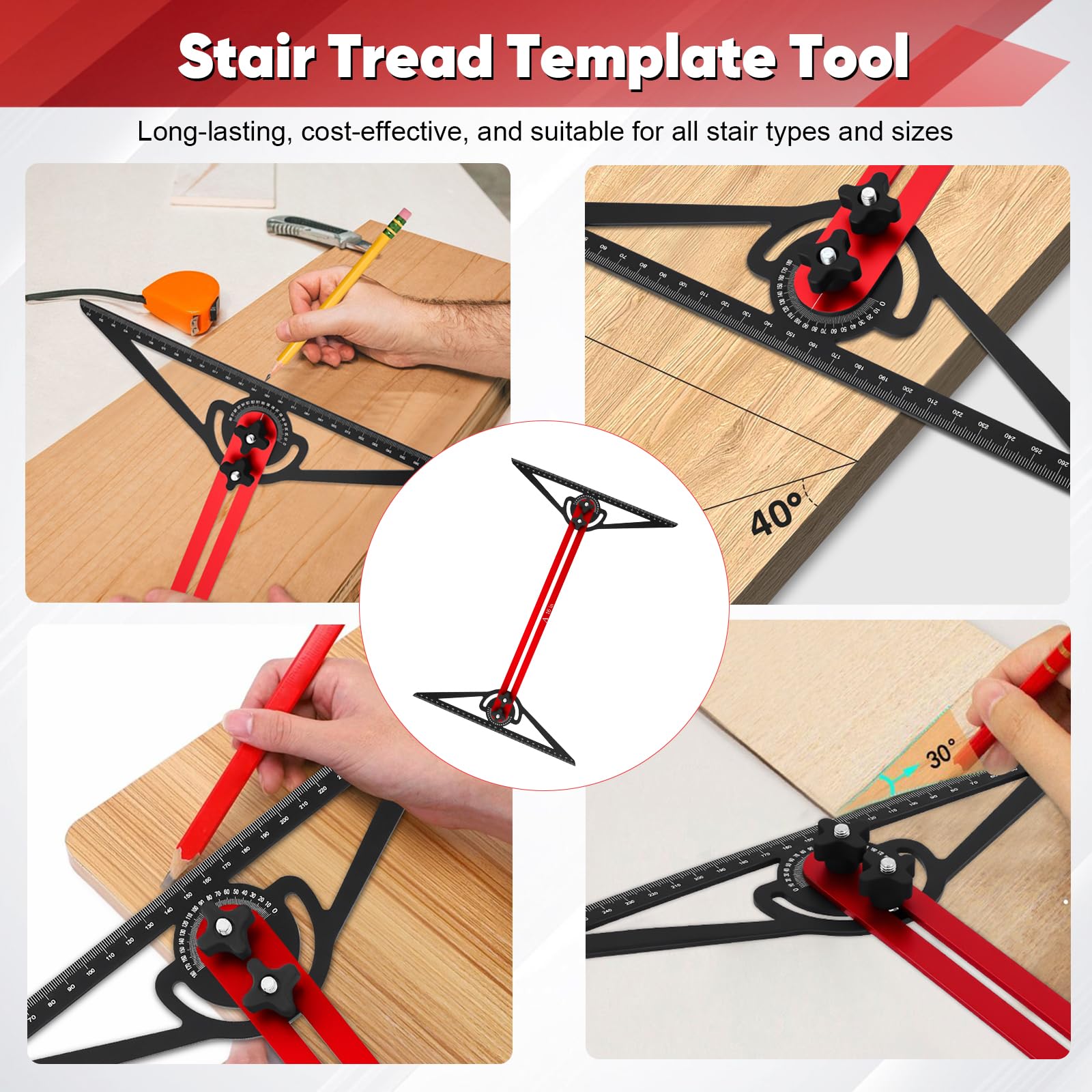 Treppenstufen-Schablonenwerkzeug, Aluminiumlegierung Treppenmesswerkzeug Treppenstufen-Messgerät Treppenlehre für Treppen Auflagen Und Trennwände Messbereich von etwa 27 cm bis 154 cm abzudecken
