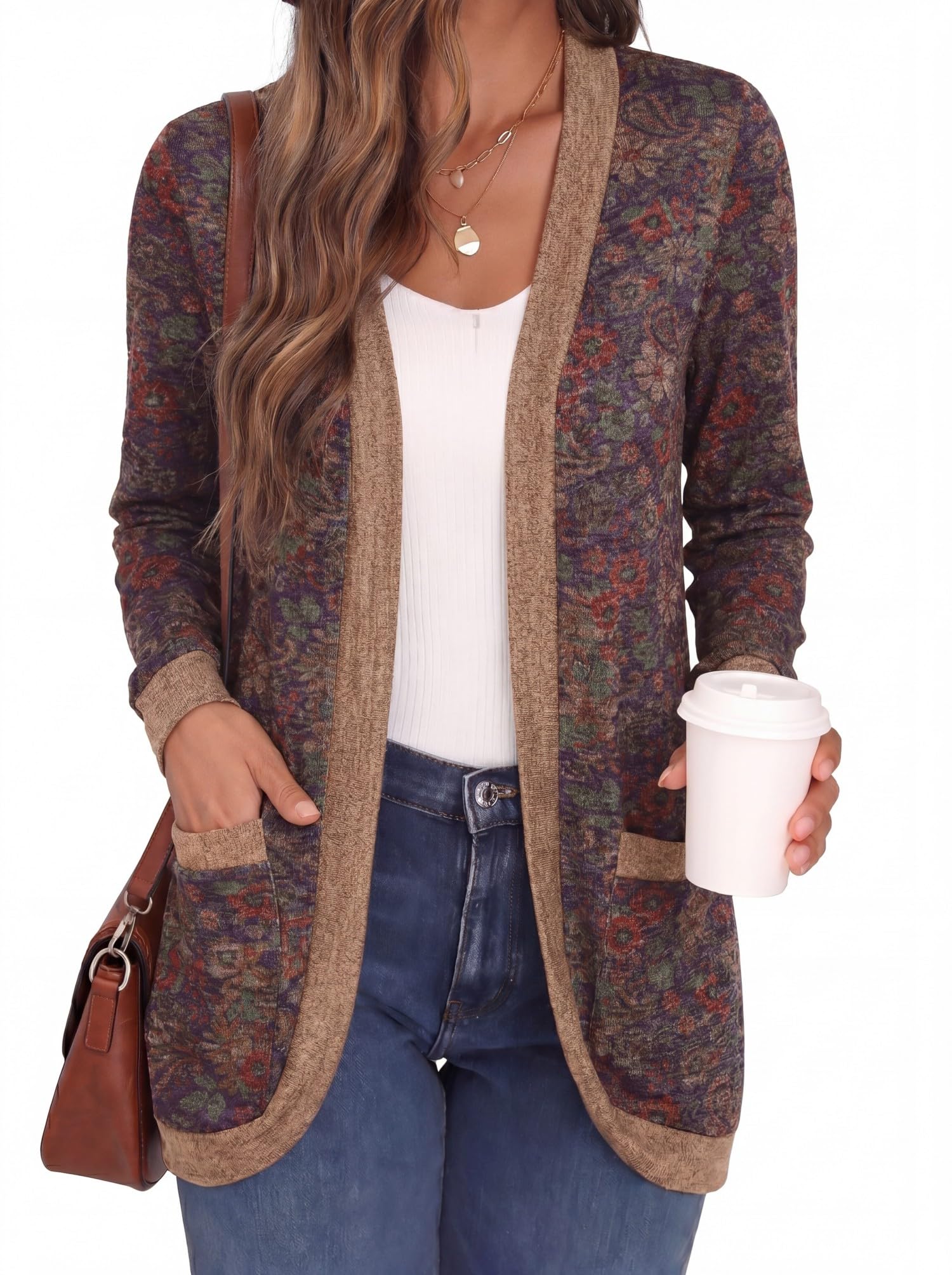 Womens Long Sleeve Open Front Cardigan Casual V-Neck Curved Hem Ribbed Knit Sweater Outerwear with Pockets-image-40