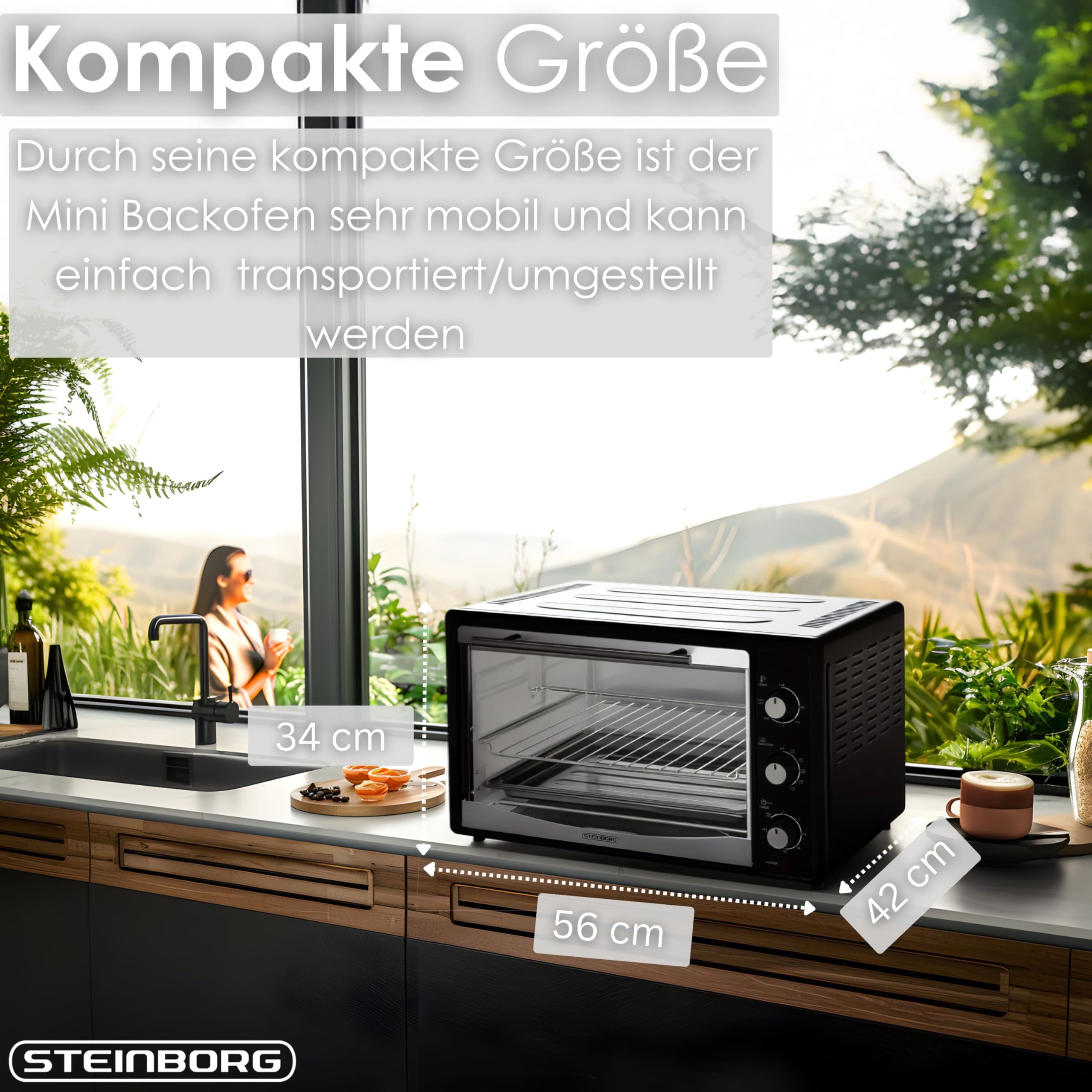 Mini piekarnik 45 litrów z termoobiegiem | elektryczny rożen obrotowy | 1800 W | piec termoobiegowy | piec do pizzy | oświetlenie wewnętrzne | w zestawie blacha do pieczenia i ruszt do grillowania |