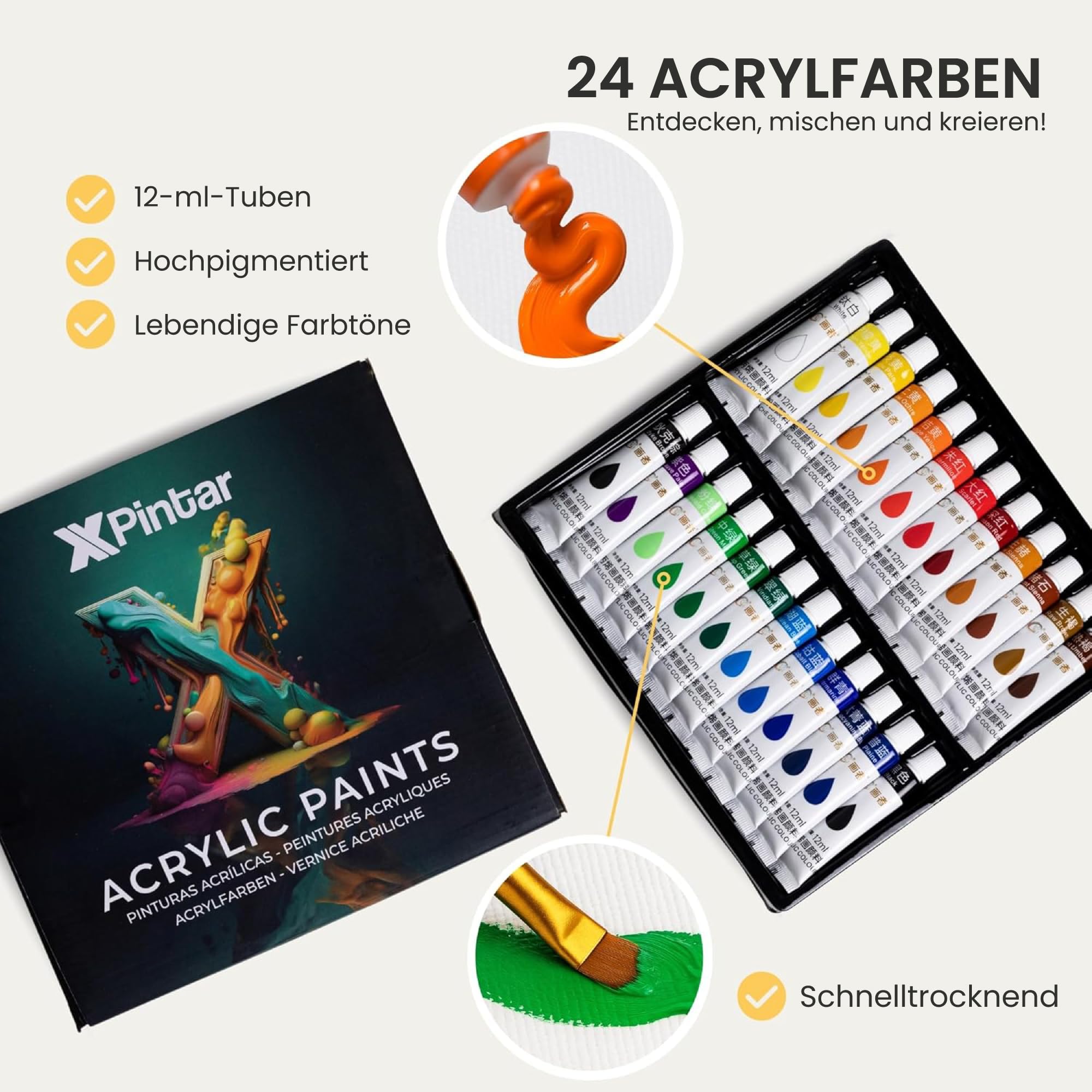 Acrylfarben-Set, 33-teilig, mit Staffelei aus Holz, 24 Tuben mit Acrylfarben, lebendige Farben, 12 ml, mit Leinwand zum Bemalen von 24 x 30 cm, plus 6 Pinsel und Palette