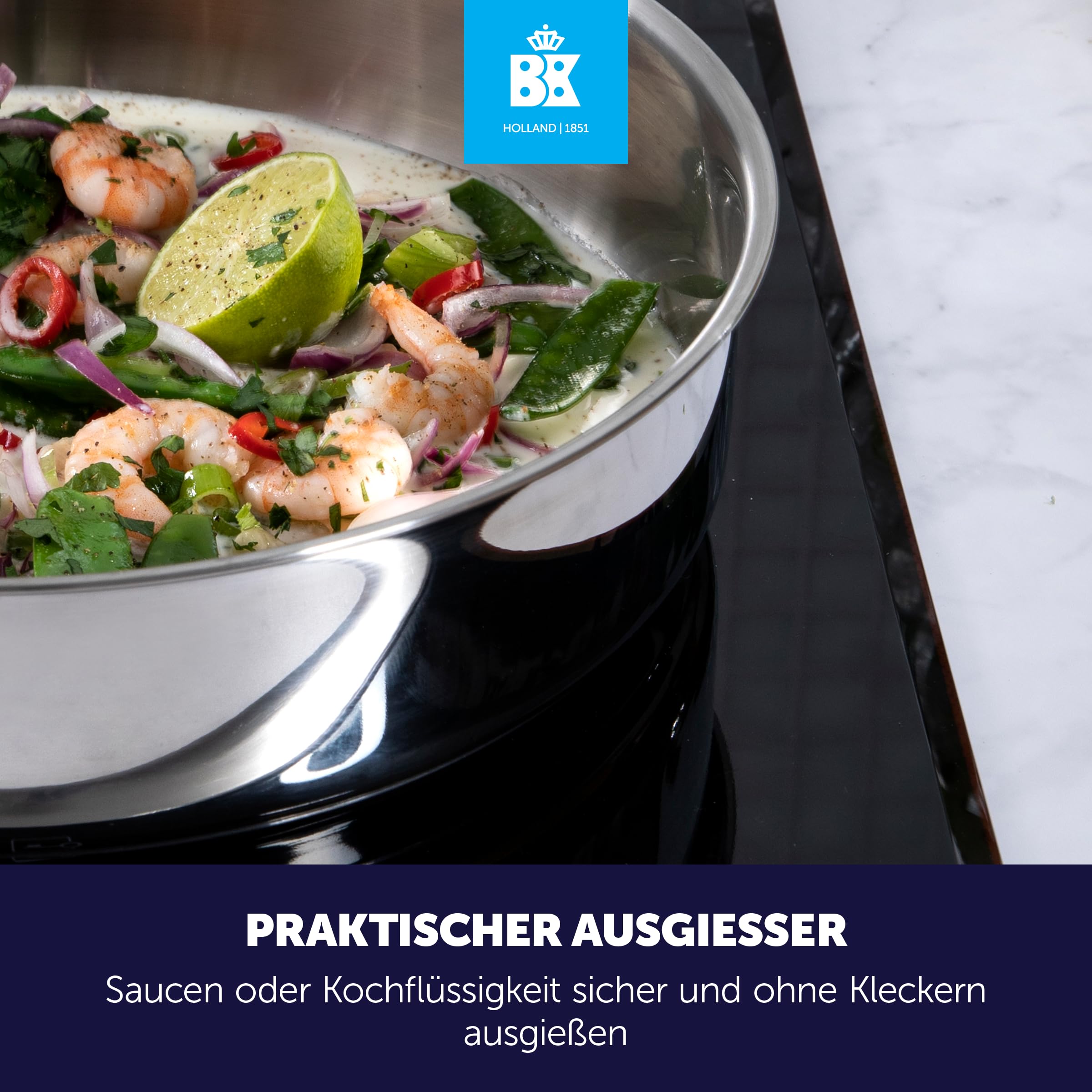 BK Bright 18/10 Edelstahl Schmorpfanne Ø 28 cm Mit Deckel,Hoher Rand, Professionelles Kochen, Unbeschichtet, 3-Ply,Kaltgriff,Induktion,Edelstahl Poliert,Backofenfest Bis 230°C,Spülmaschinenfest,Silber