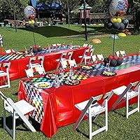 Vista 7 de Paquete de 3 manteles de plástico iridiscentes con auto de carreras, desechables, brillantes con láser rojo y negro, mantel rectangular de aluminio