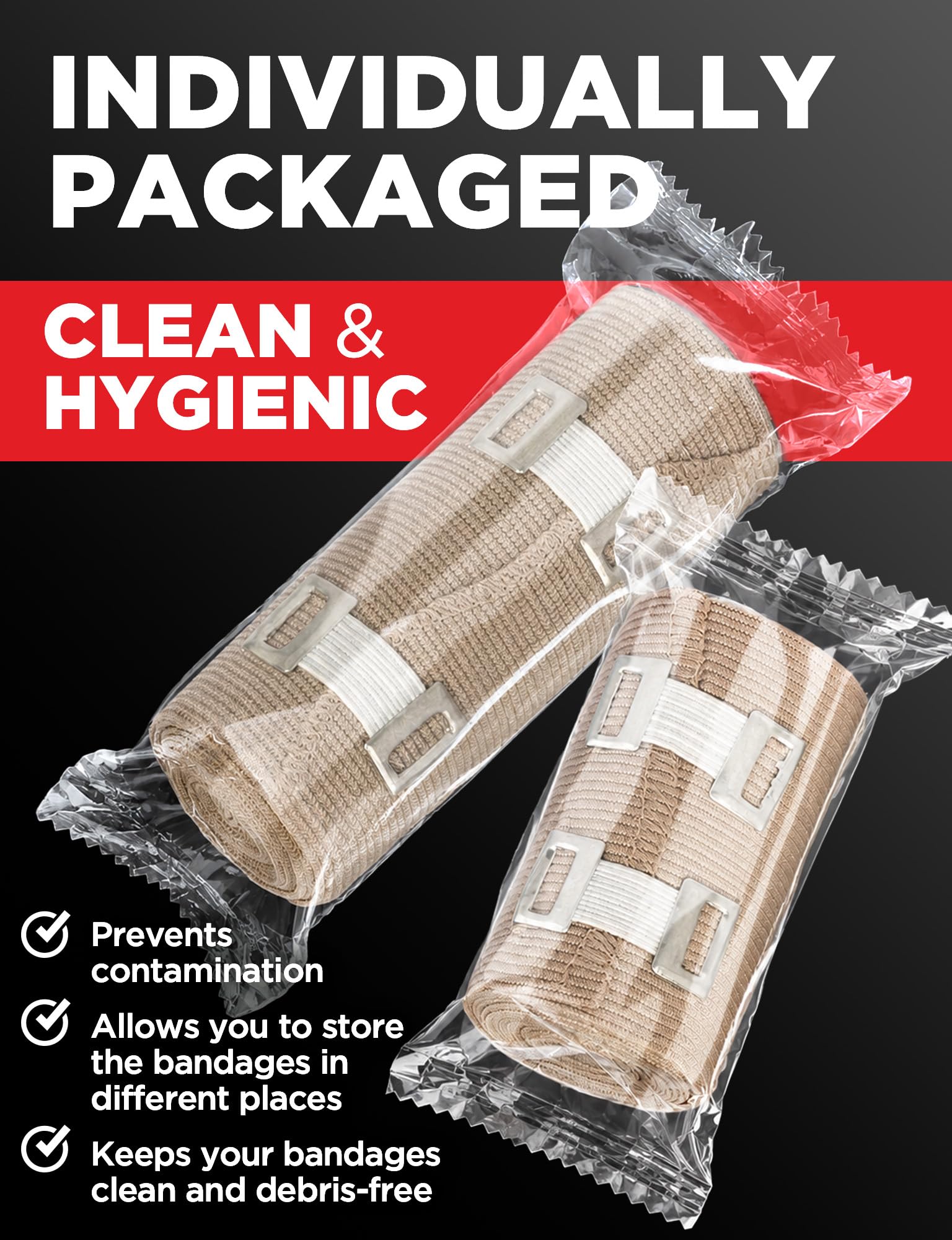 Premium Elastic Bandage Wrap - 4pk (2x3in, 2x4in) + 12 Extra Clips - Strong Compression Bandage Wrap for Leg, Arm, Wrists, Elbow, Ankles, Feet and Knees - for First Aid Kit and After Surgery Recovery — Amazon image 5