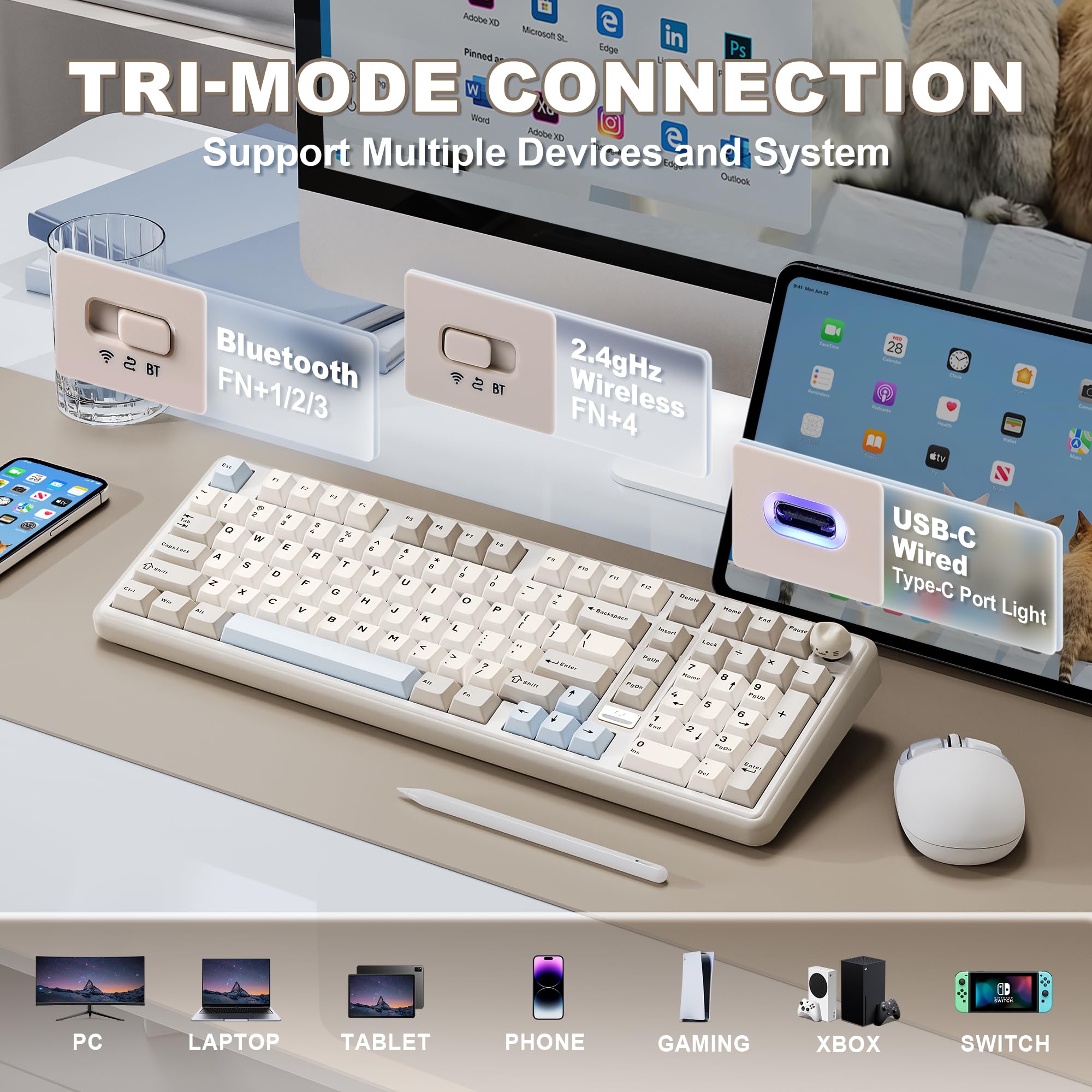 YUNZII B98 PRO QMK/VIA Wireless Mechanical Gaming Keyboard, 96% Layout with Numpad and Cute Cat Knob, BT/2.4G/USB-C, Pre-Lubed Switch Hot Swap Gasket, RGB for Win/Mac (Beige, Milk V2 Linear Switch) - 4