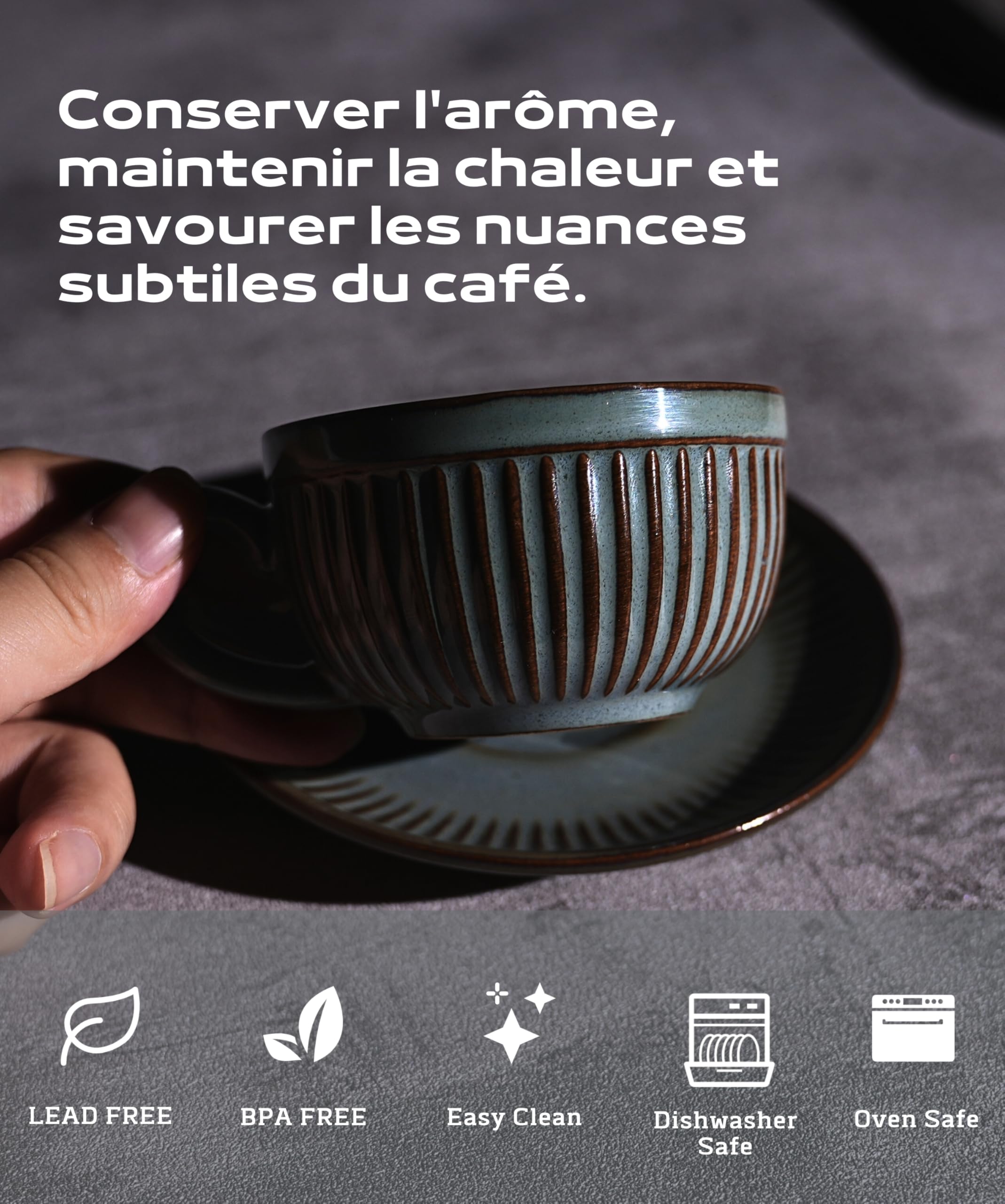 6 Tasses à Café Expresso avec Soucoupes-Tasses 100ml avec Anse - Motif Rayé - Couleurs Uniques de Kiln, Parois Épaisses, Coffret Luxe,Conserve la Chaleur, Idéale pour Café & Thé - Gris