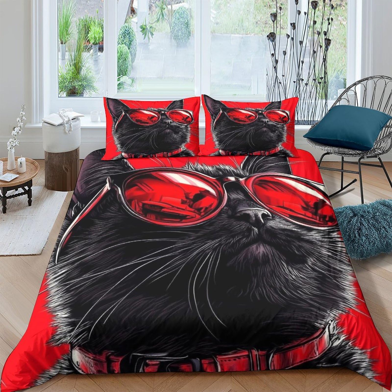 Ctjqhvkz Style-1 3D Printed Cool Cat With Red Sunglasses Fitted Sheet Microfiber Soft Bed Cover Anti-Slip For Bedroom Guest Room Decor Single（135X200cm）